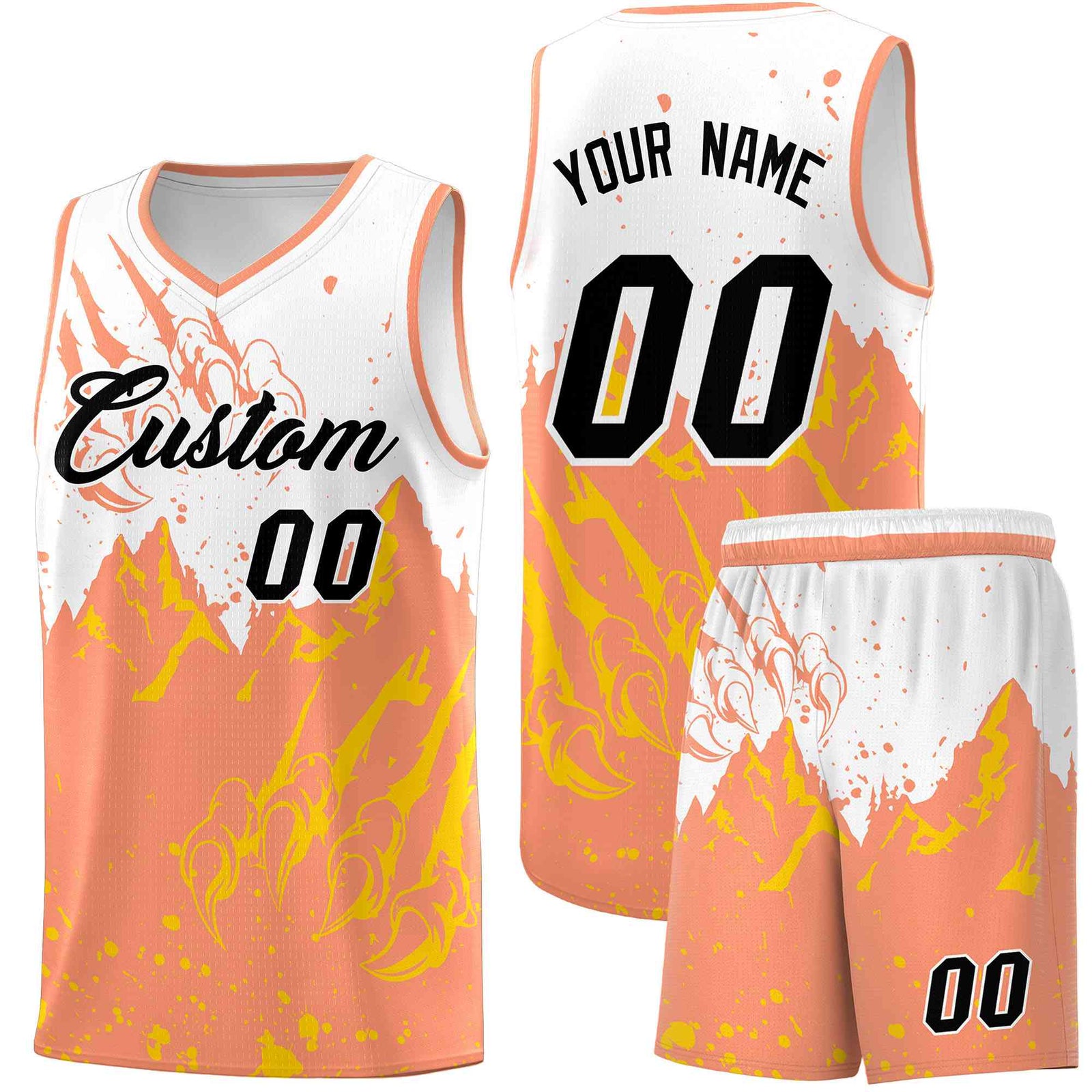 Custom White Light Orange Snow Mountain Beast Pattern Sports Uniform Basketball Jersey
