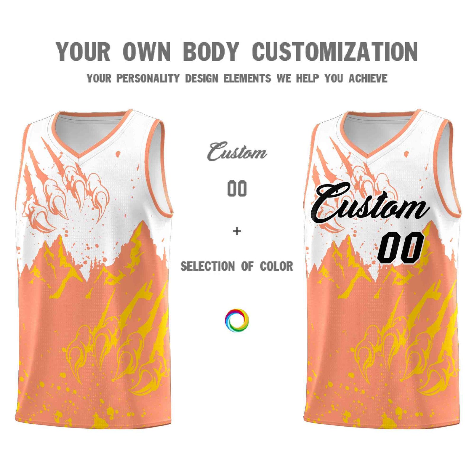 Custom White Light Orange Snow Mountain Beast Pattern Sports Uniform Basketball Jersey