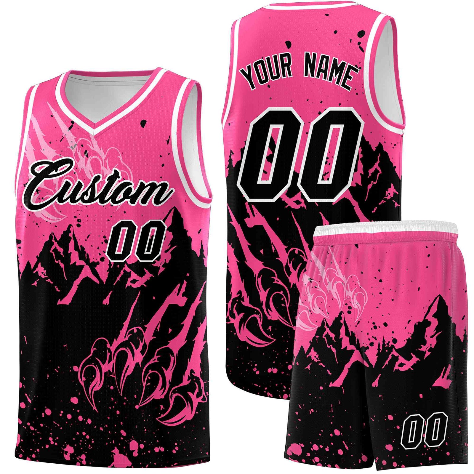 Custom Pink Black Snow Mountain Beast Pattern Sports Uniform Basketball Jersey