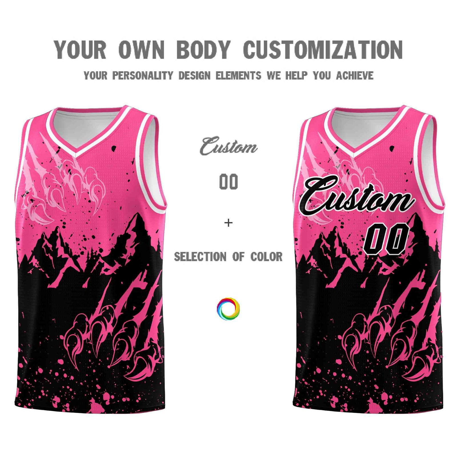Custom Pink Black Snow Mountain Beast Pattern Sports Uniform Basketball Jersey