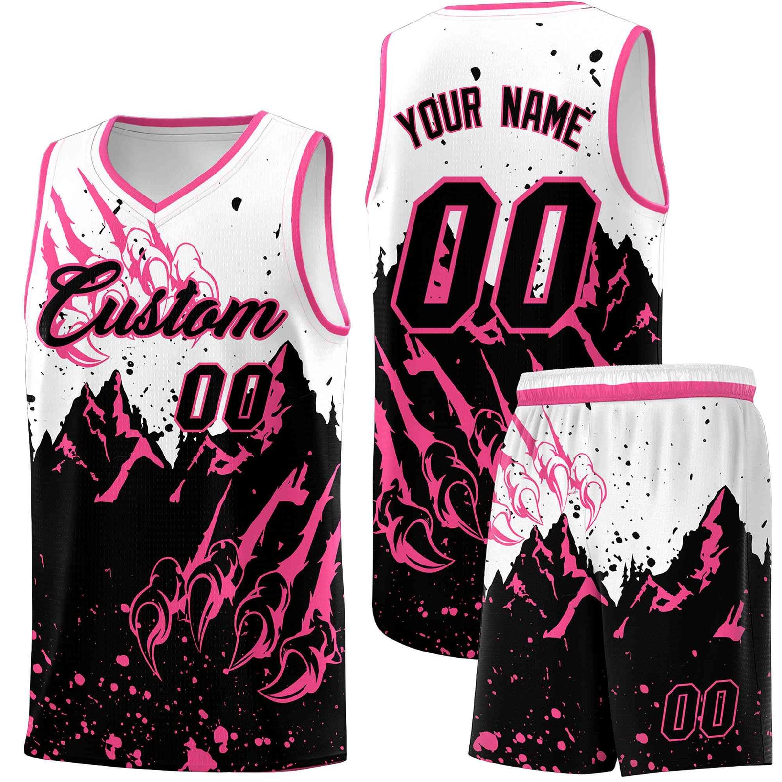 Custom White Pink Snow Mountain Beast Pattern Sports Uniform Basketball Jersey