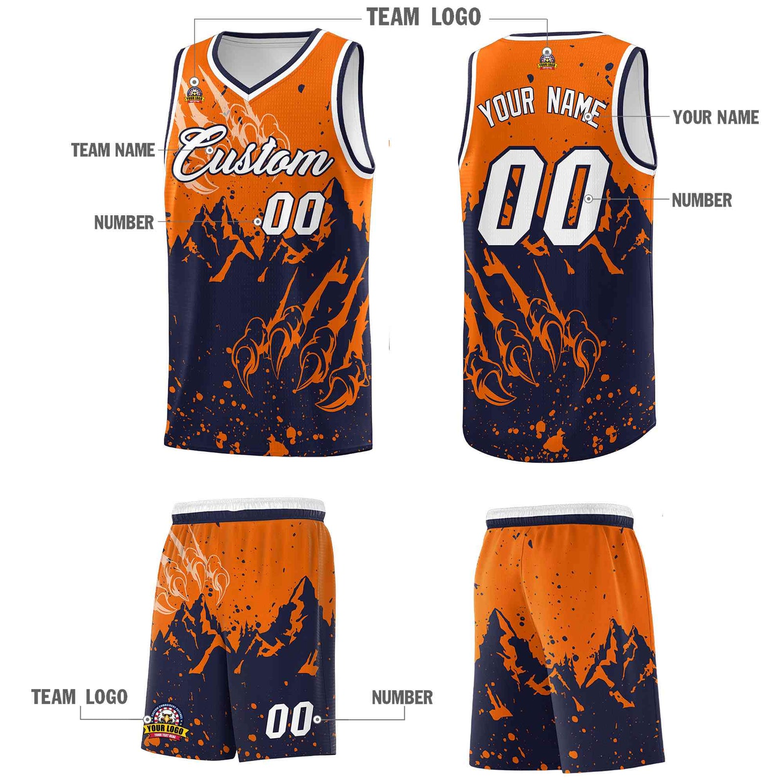 Custom Orange Navy Snow Mountain Beast Pattern Sports Uniform Basketball Jersey