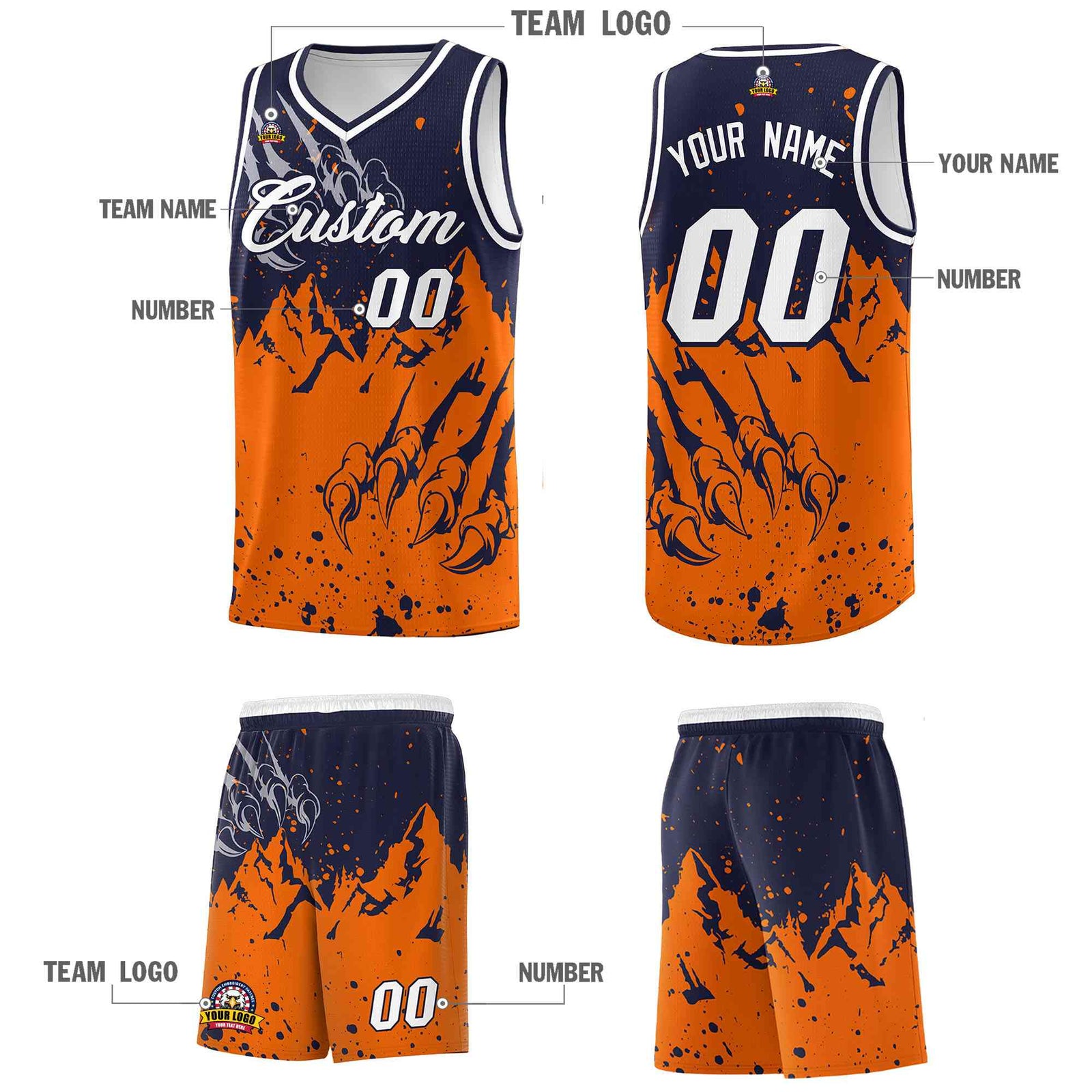 Custom Navy Orange Snow Mountain Beast Pattern Sports Uniform Basketball Jersey