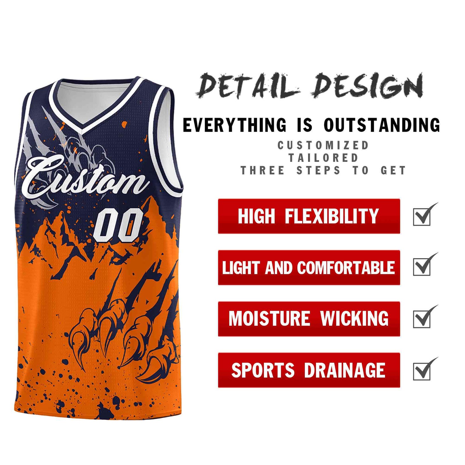 Custom Navy Orange Snow Mountain Beast Pattern Sports Uniform Basketball Jersey