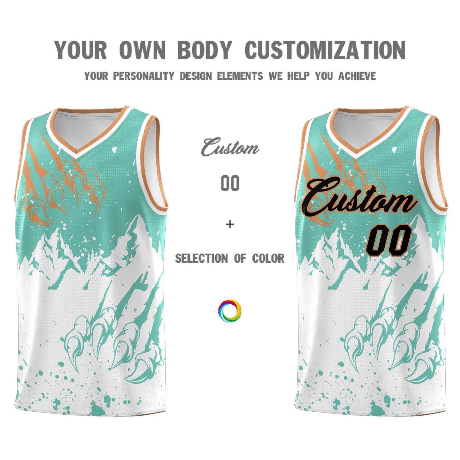 Custom Bright Green White Snow Mountain Beast Pattern Sports Uniform Basketball Jersey