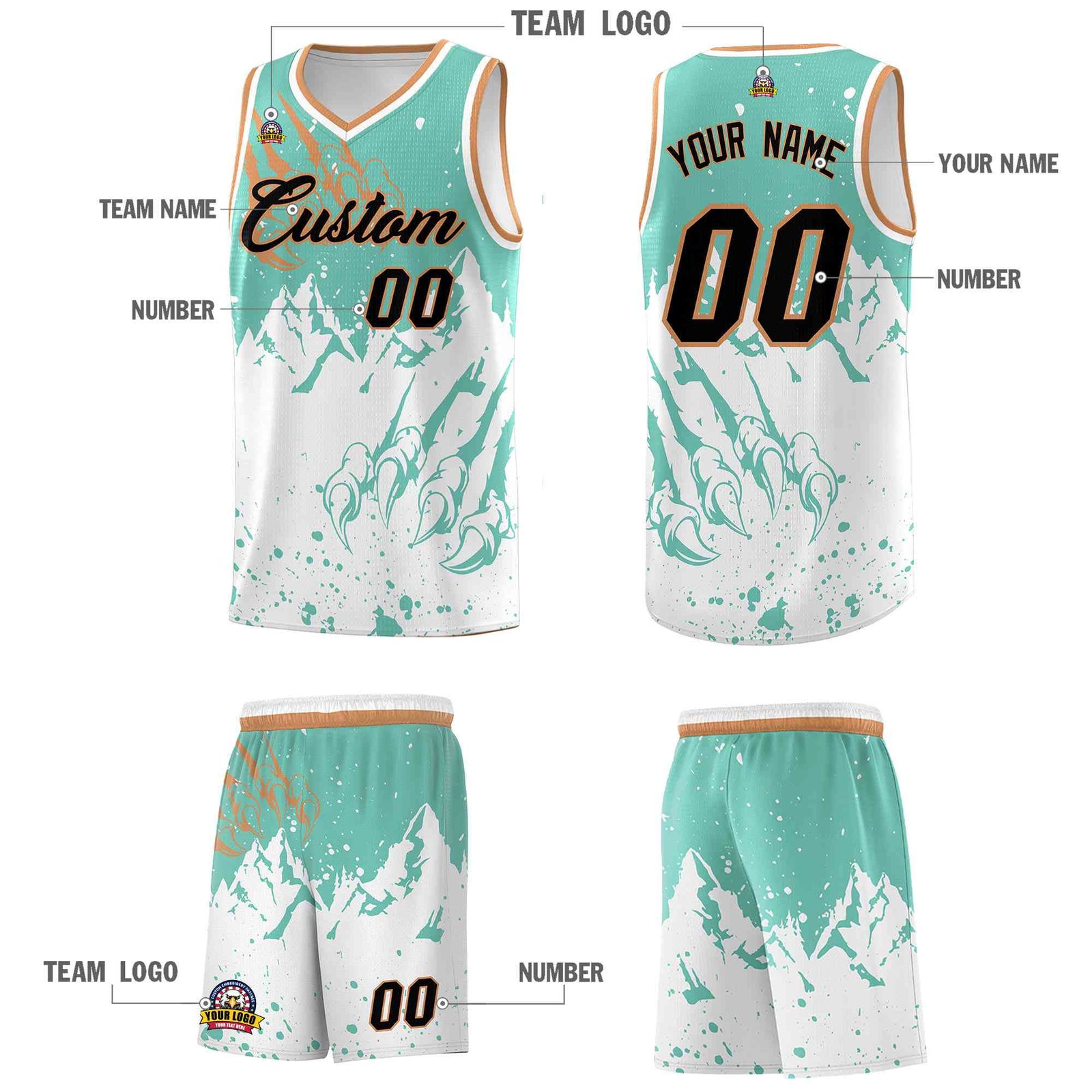 Custom Bright Green White Snow Mountain Beast Pattern Sports Uniform Basketball Jersey