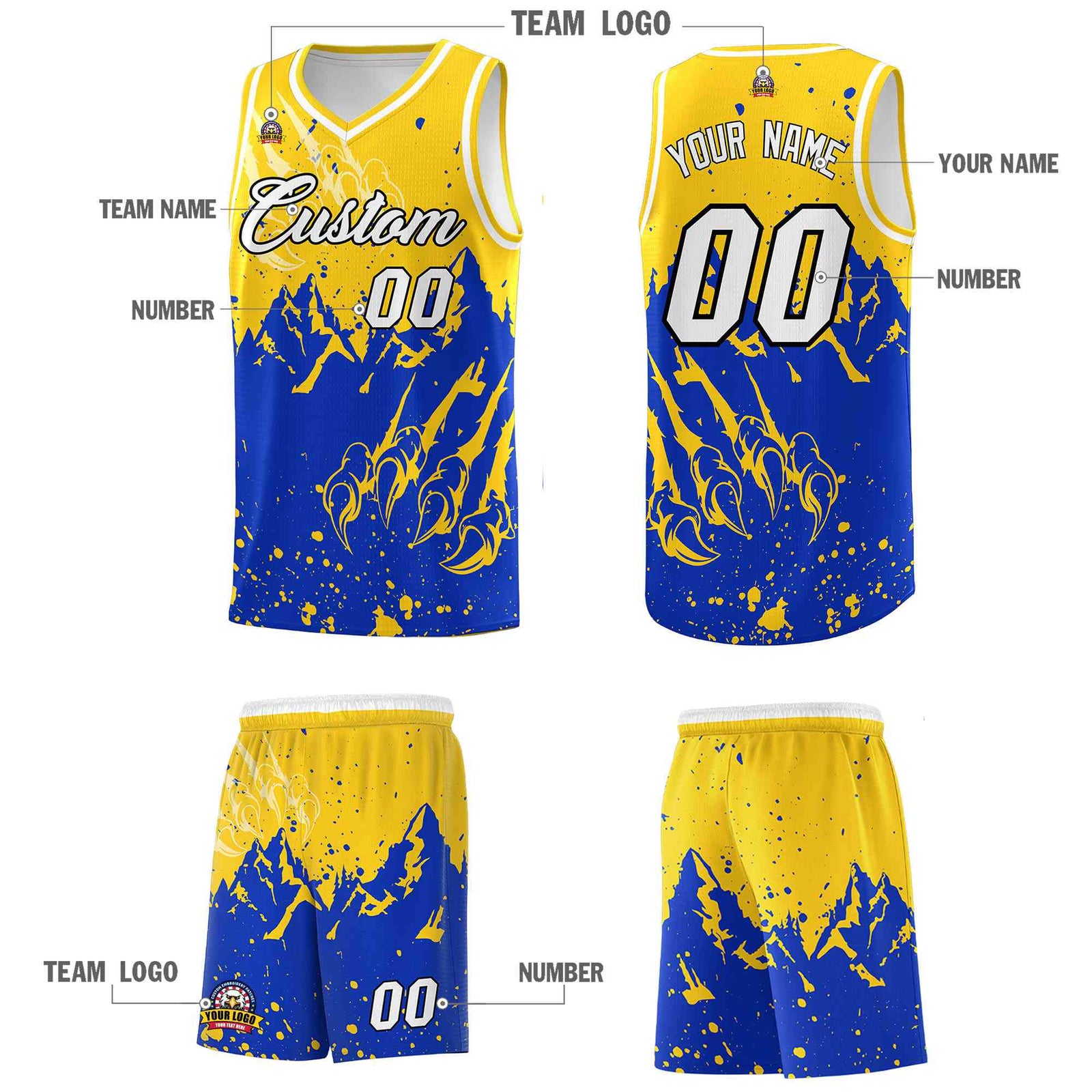 Custom Gold Royal Snow Mountain Beast Pattern Sports Uniform Basketball Jersey