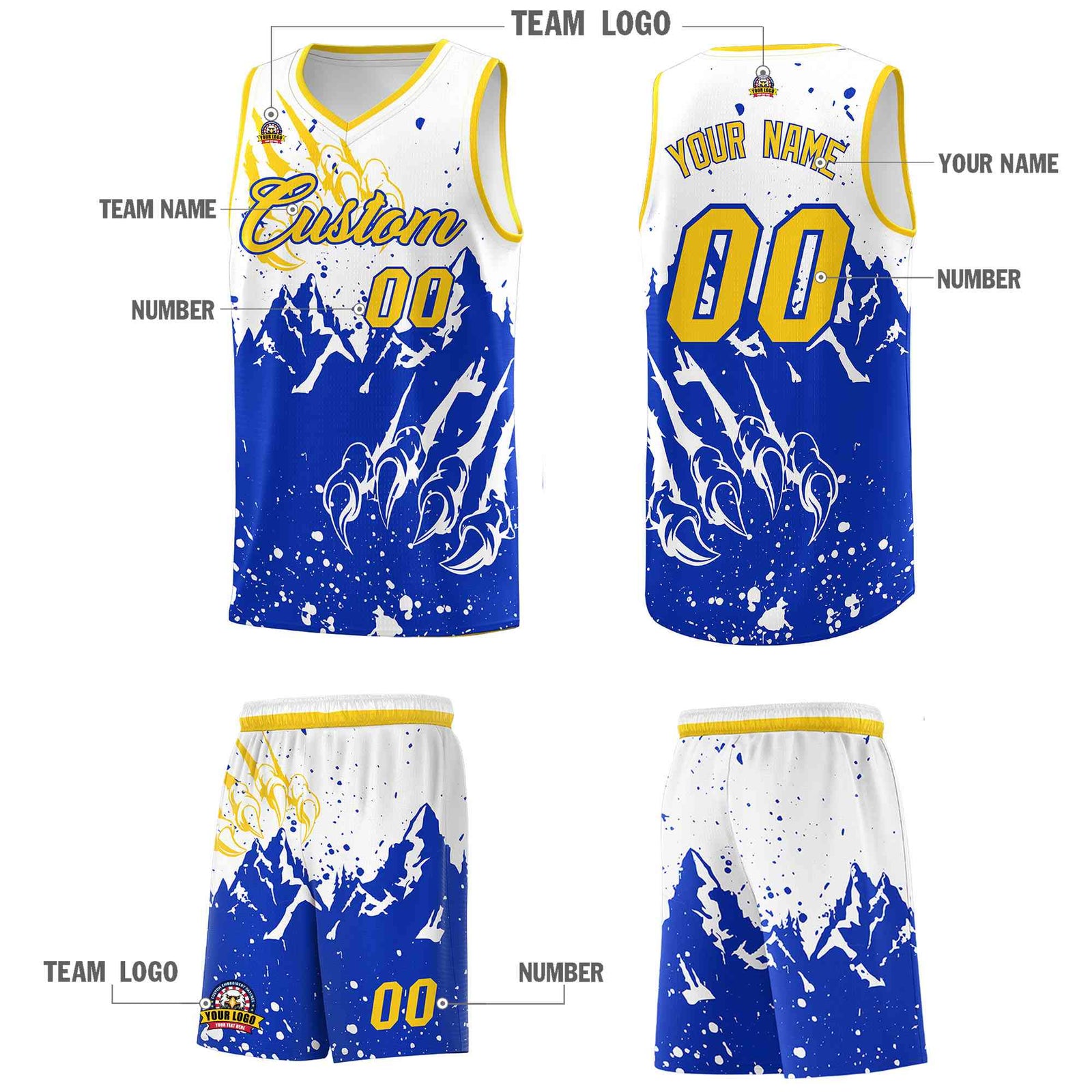 Custom White Royal Snow Mountain Beast Pattern Sports Uniform Basketball Jersey