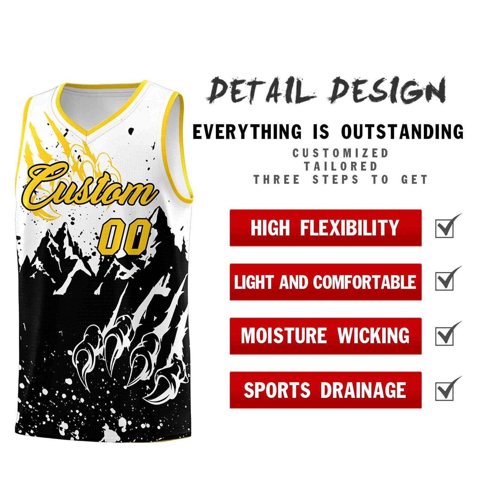 Custom White Black Snow Mountain Beast Pattern Sports Uniform Basketball Jersey