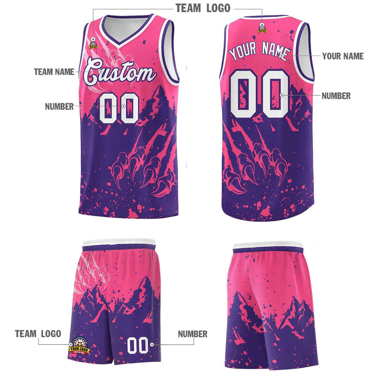 Custom Pink Purple Snow Mountain Beast Pattern Sports Uniform Basketball Jersey| KXKSHOP