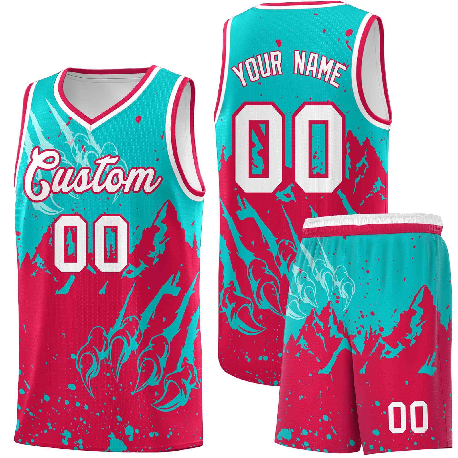 Custom Aqua Red Snow Mountain Beast Pattern Sports Uniform Basketball Jersey| KXKSHOP