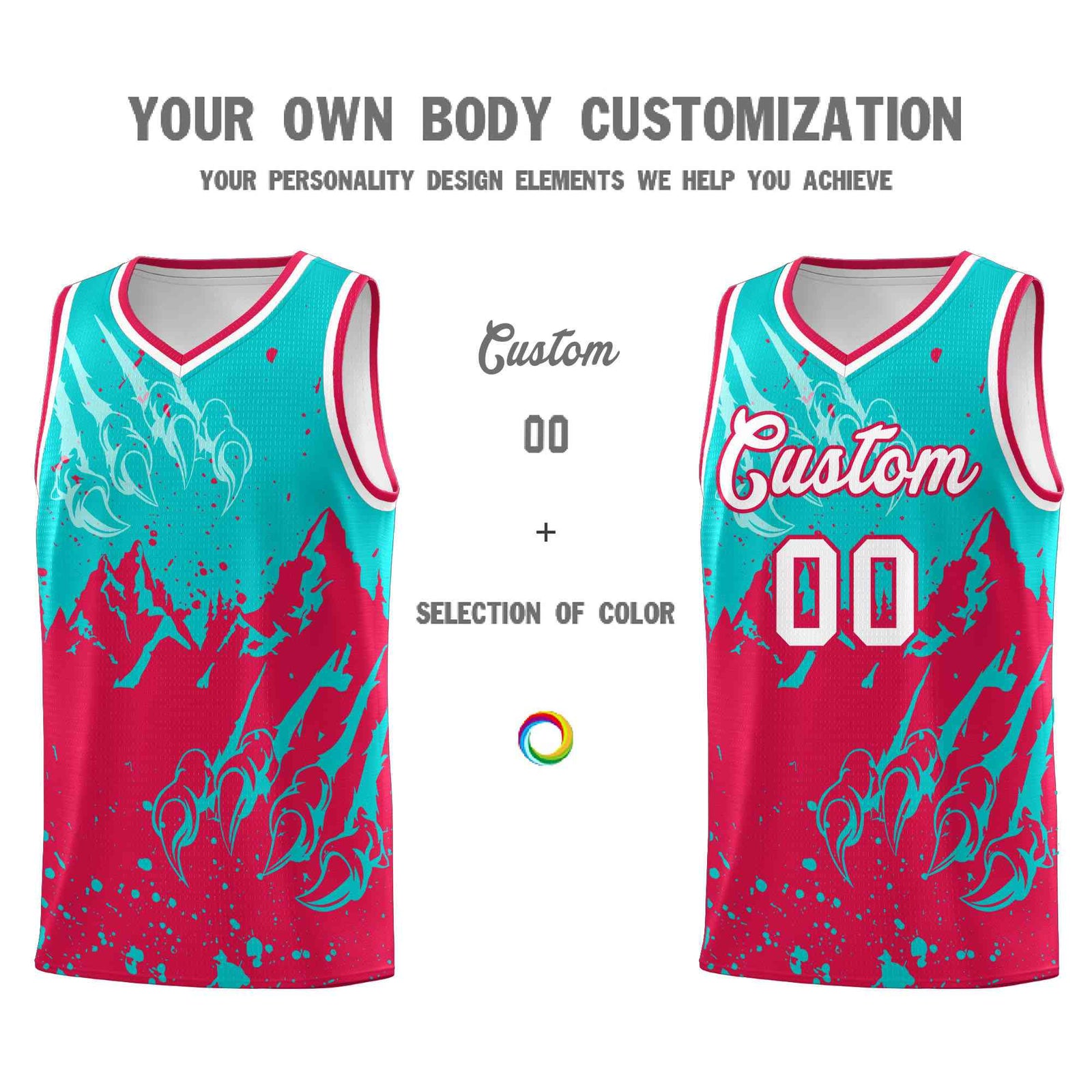 Custom Aqua Red Snow Mountain Beast Pattern Sports Uniform Basketball Jersey| KXKSHOP