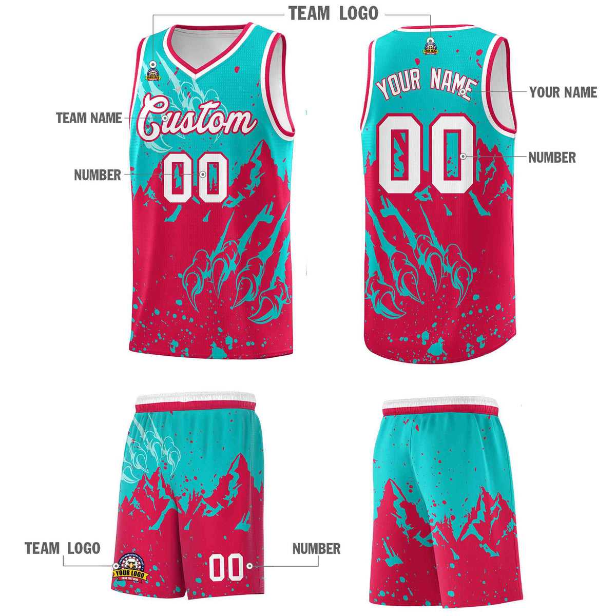 Custom Aqua Red Snow Mountain Beast Pattern Sports Uniform Basketball Jersey| KXKSHOP
