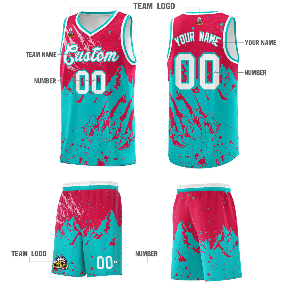 Custom Red Aqua Snow Mountain Beast Pattern Sports Uniform Basketball Jersey| KXKSHOP