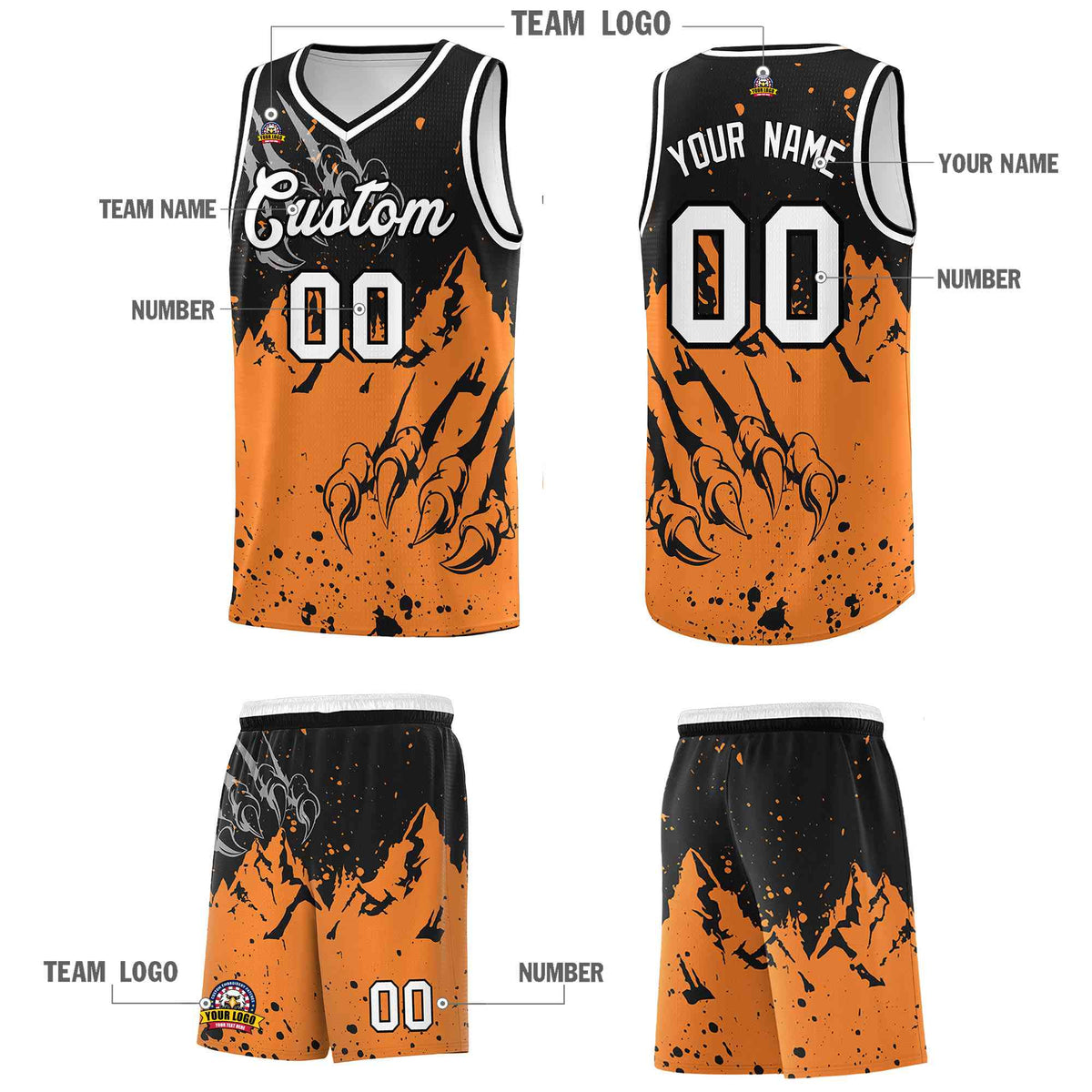 Custom Black Gold Orange Snow Mountain Beast Pattern Sports Uniform Basketball Jersey| KXKSHOP