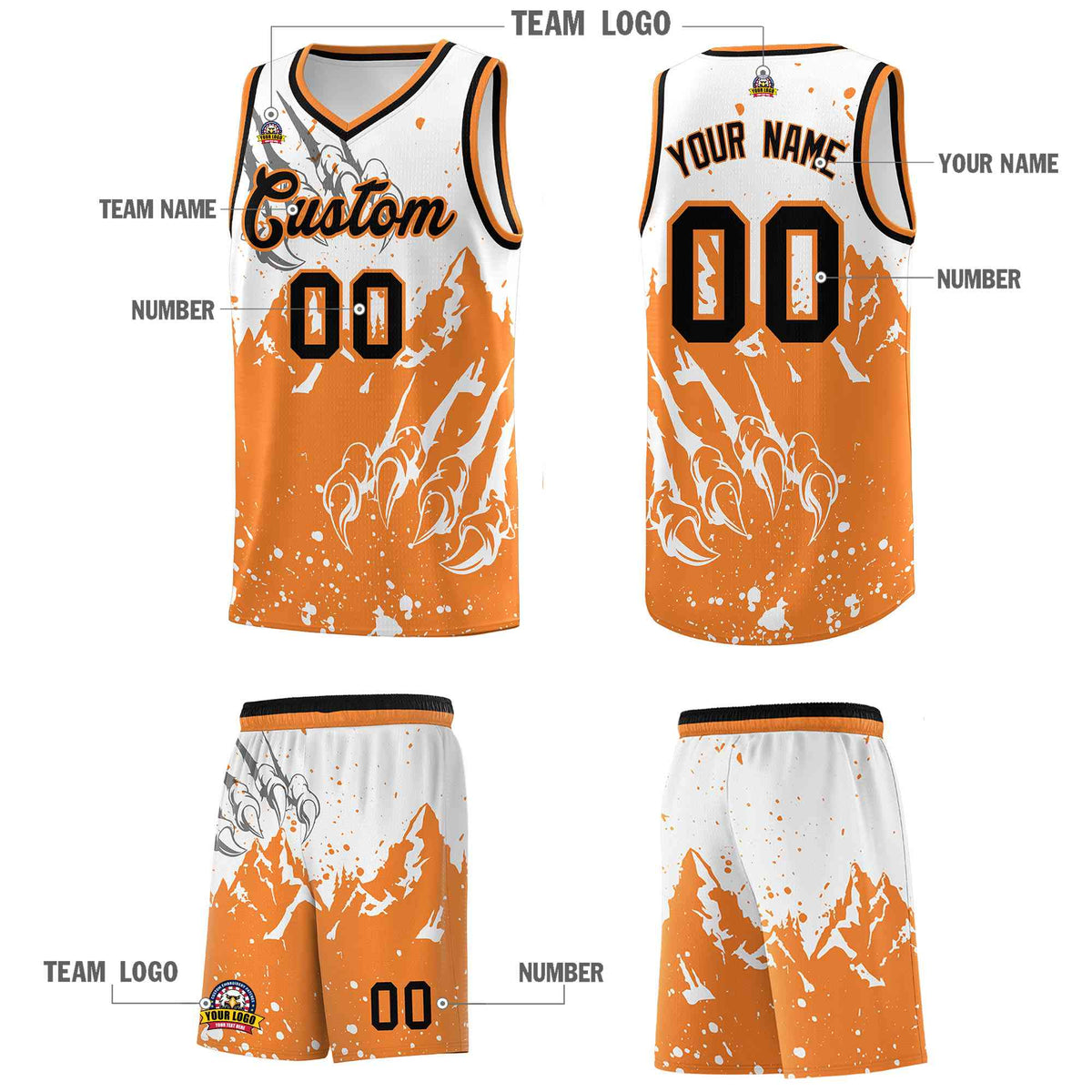 Custom White Gold Orange Snow Mountain Beast Pattern Sports Uniform Basketball Jersey| KXKSHOP