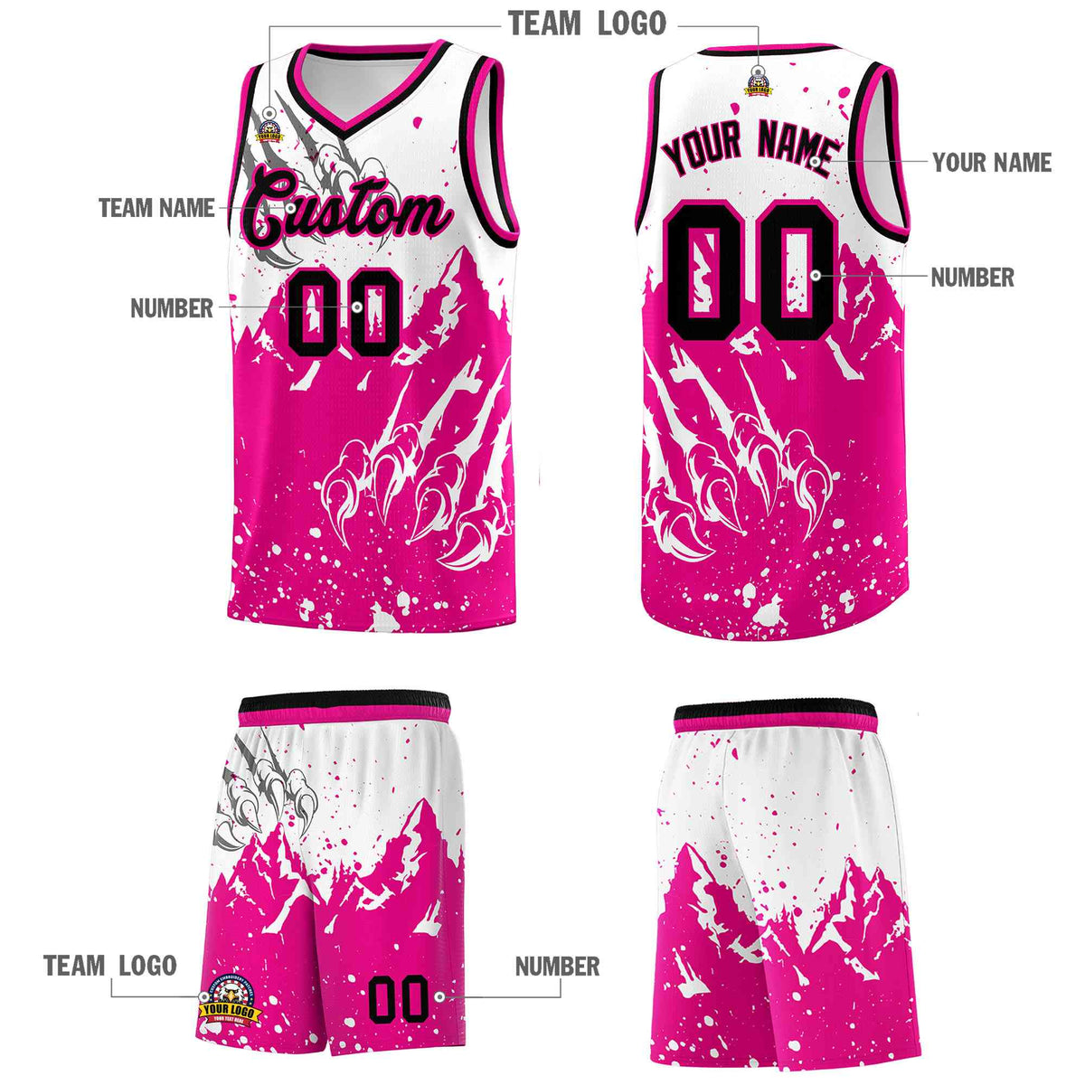 Custom White Pink Snow Mountain Beast Pattern Sports Uniform Basketball Jersey| KXKSHOP