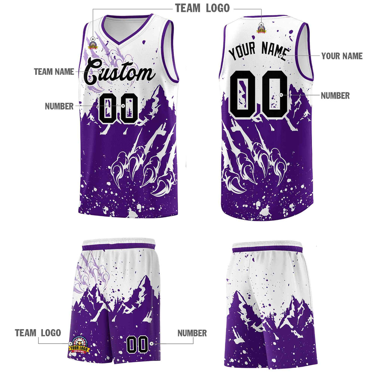 Custom White Purple Snow Mountain Beast Pattern Sports Uniform Basketball Jersey| KXKSHOP
