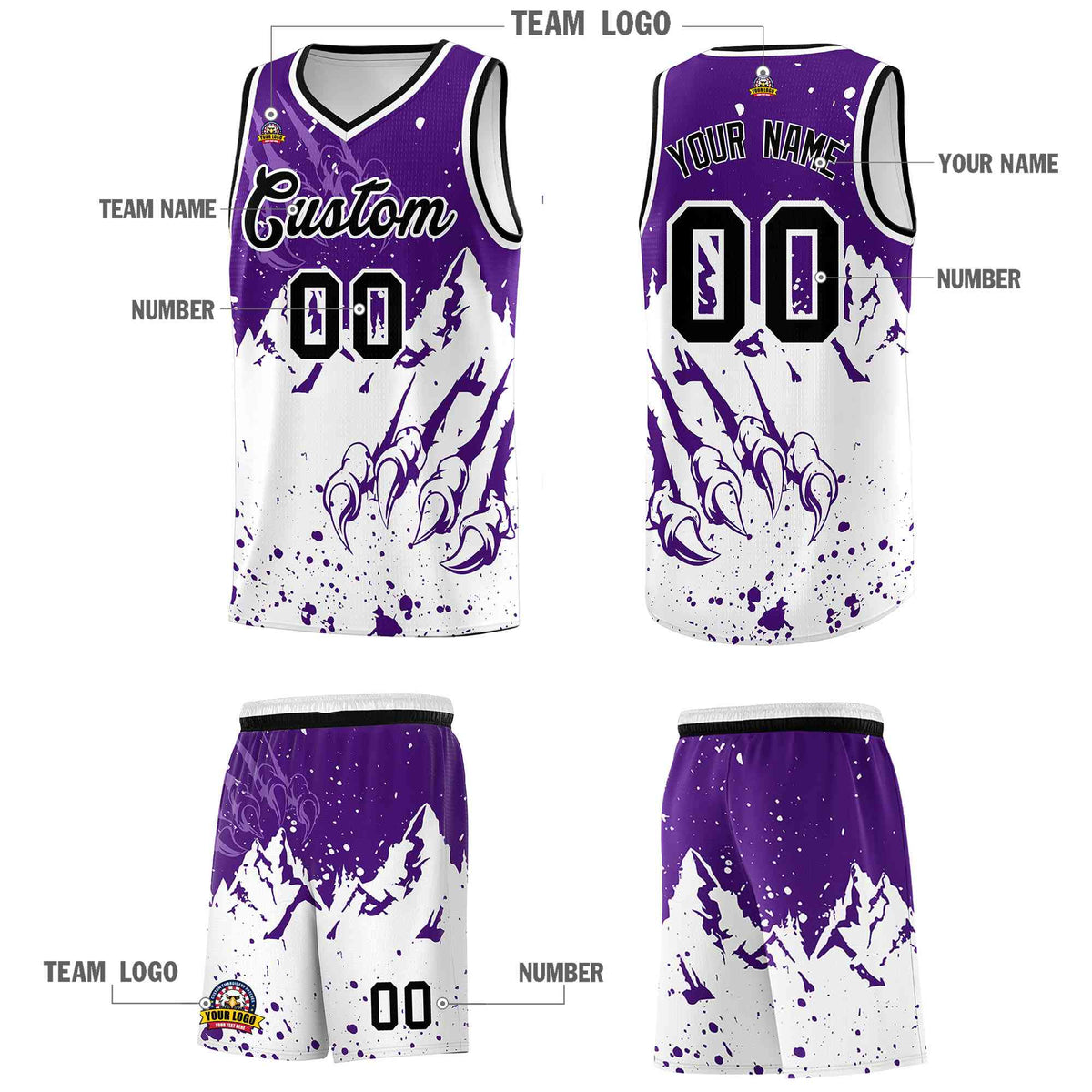 Custom Purple White Snow Mountain Beast Pattern Sports Uniform Basketball Jersey| KXKSHOP
