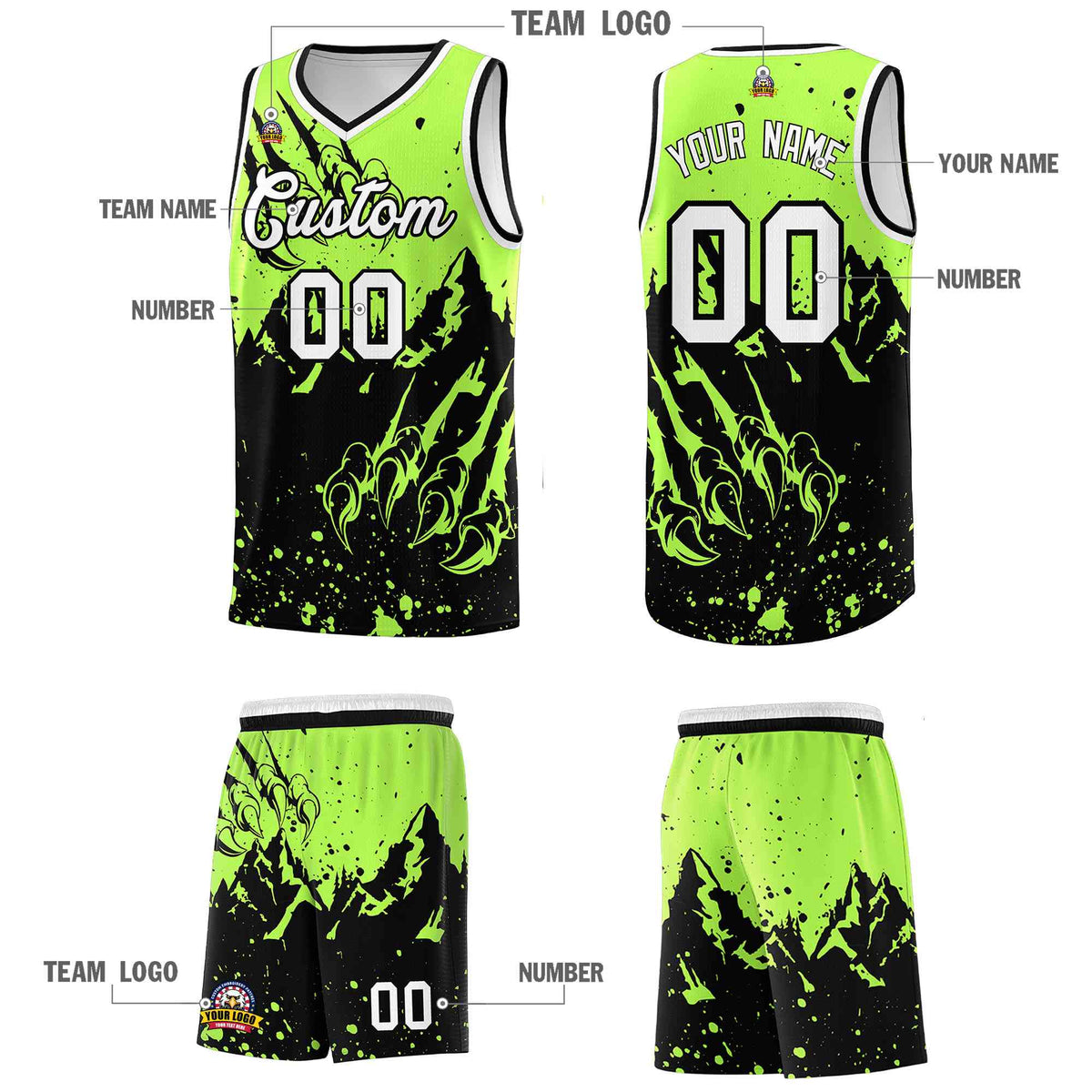 Custom Fluorescent Green Black Snow Mountain Beast Pattern Sports Uniform Basketball Jersey| KXKSHOP
