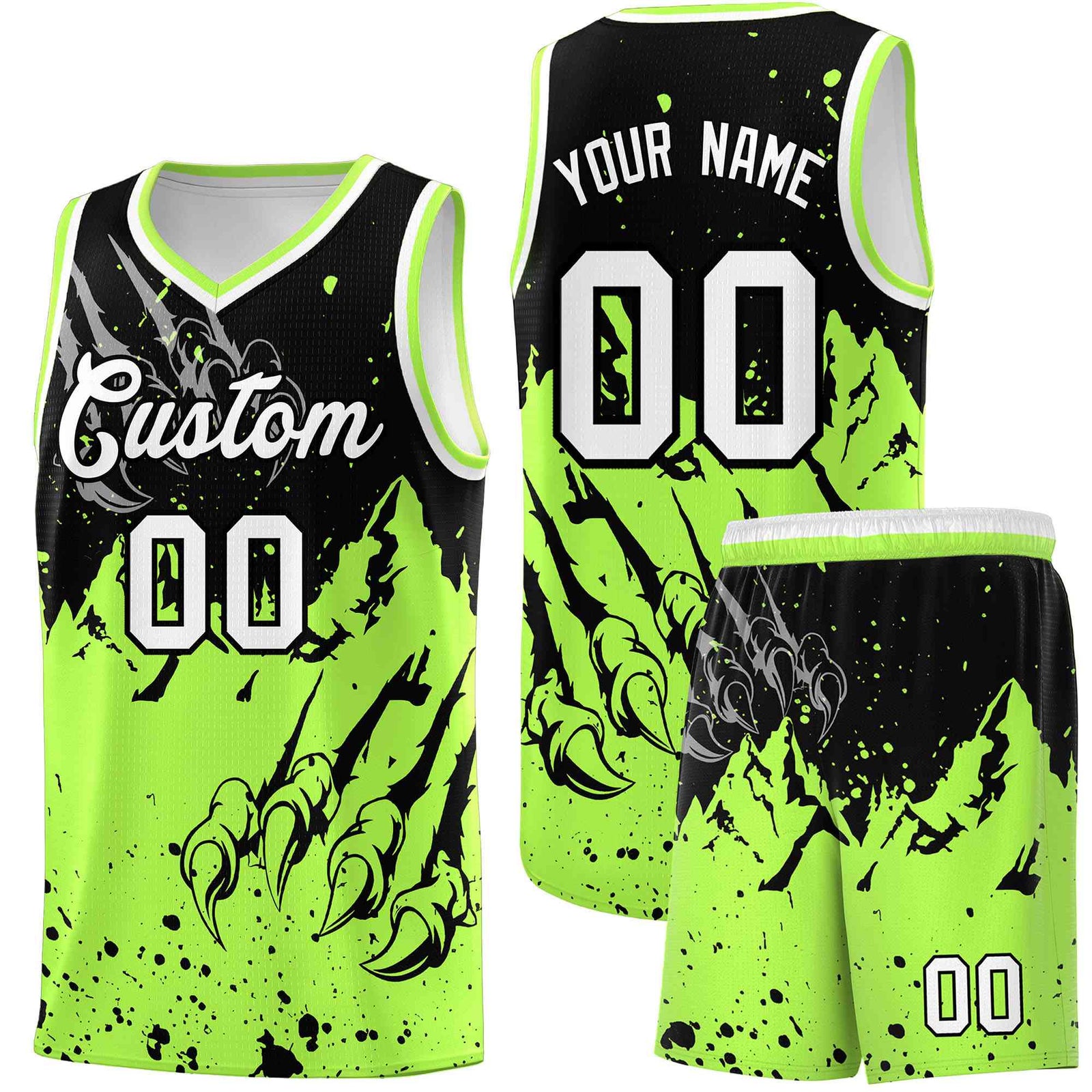 Custom Black Fluorescent Green Snow Mountain Beast Pattern Sports Uniform Basketball Jersey| KXKSHOP