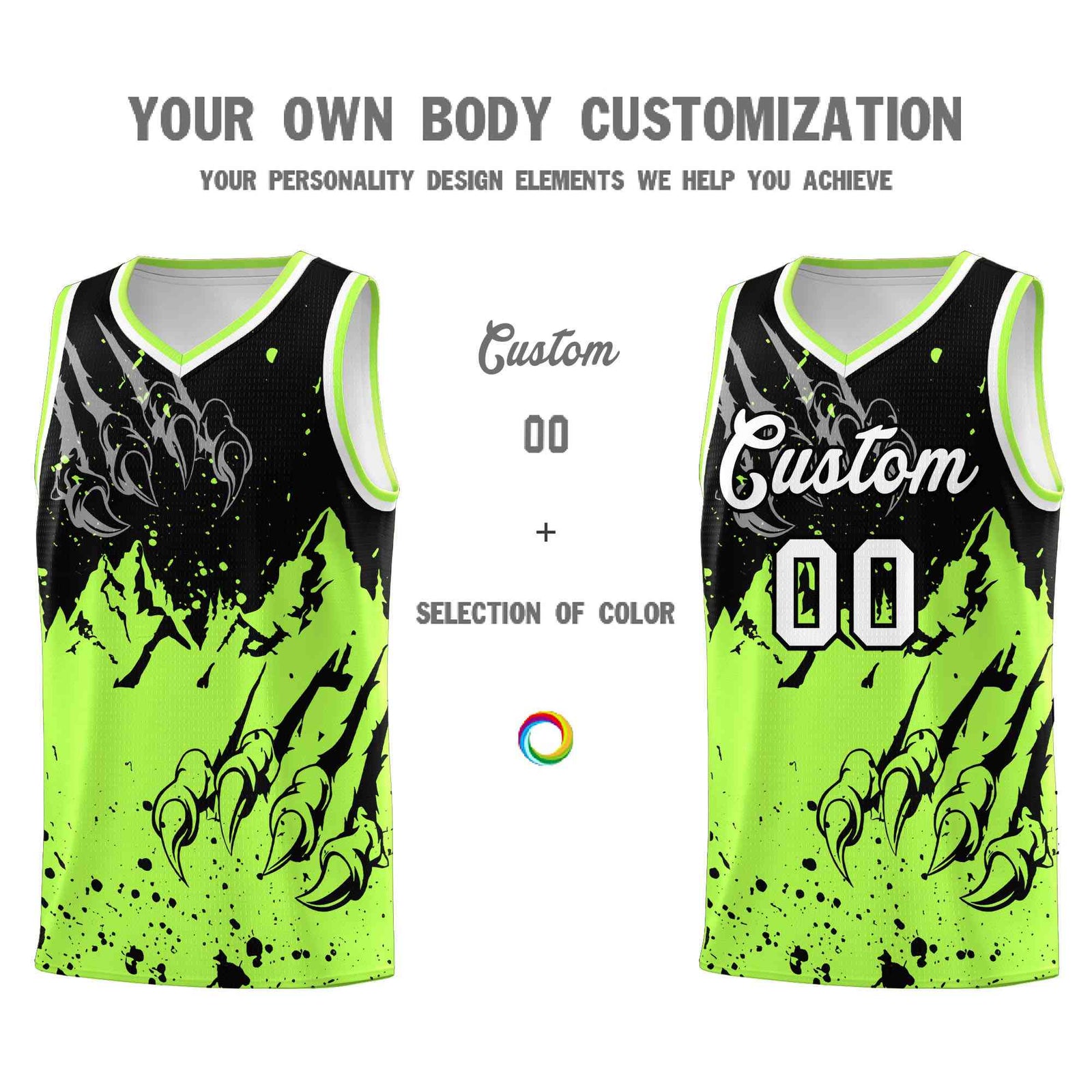 Custom Black Fluorescent Green Snow Mountain Beast Pattern Sports Uniform Basketball Jersey| KXKSHOP
