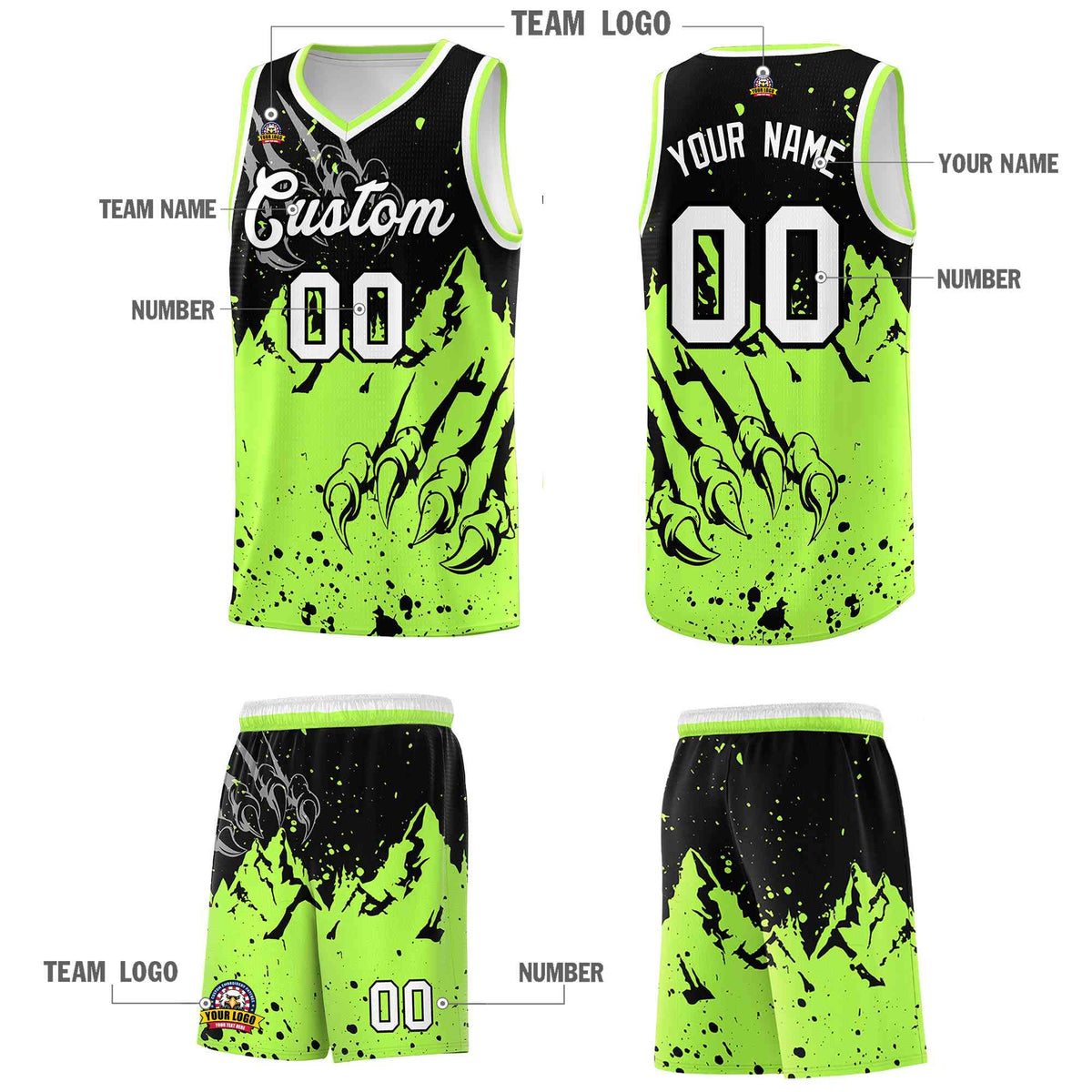 Custom Black Fluorescent Green Snow Mountain Beast Pattern Sports Uniform Basketball Jersey| KXKSHOP