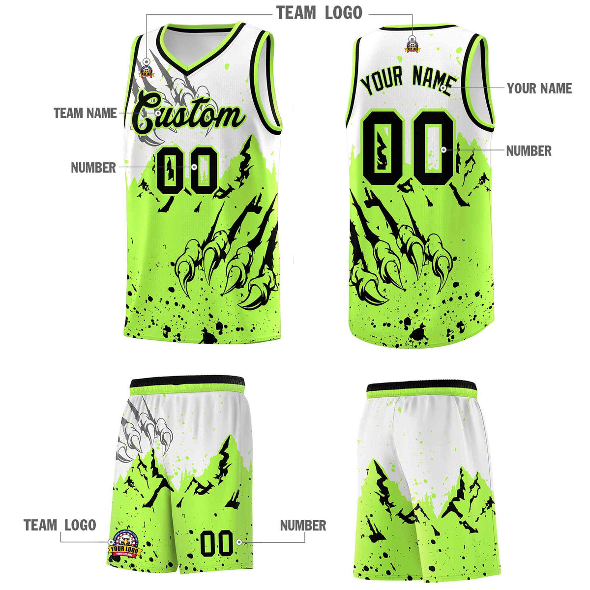 Custom White Fluorescent Green Snow Mountain Beast Pattern Sports Uniform Basketball Jersey| KXKSHOP