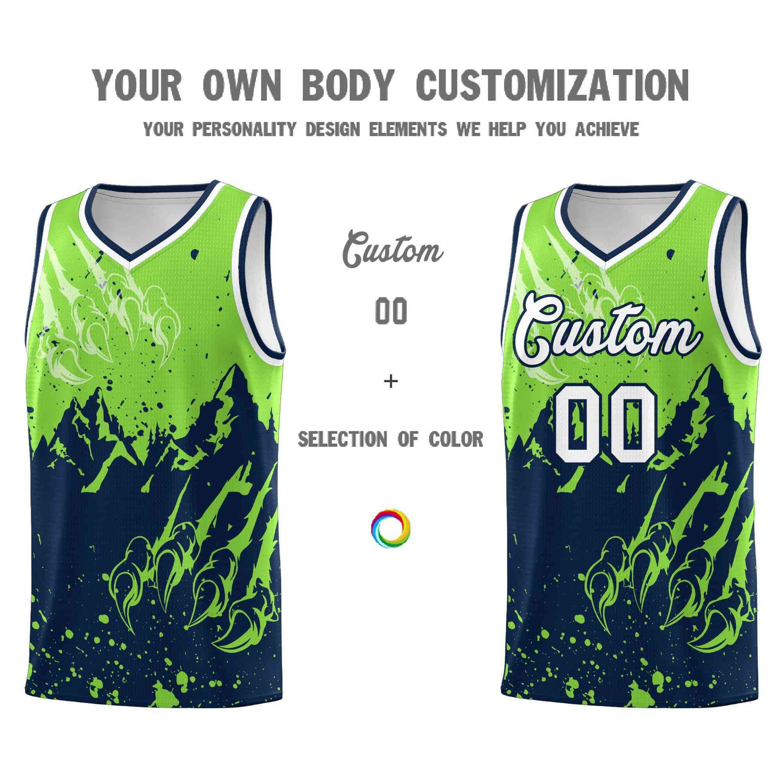 Custom Fluorescent Green Navy Snow Mountain Beast Pattern Sports Uniform Basketball Jersey| KXKSHOP