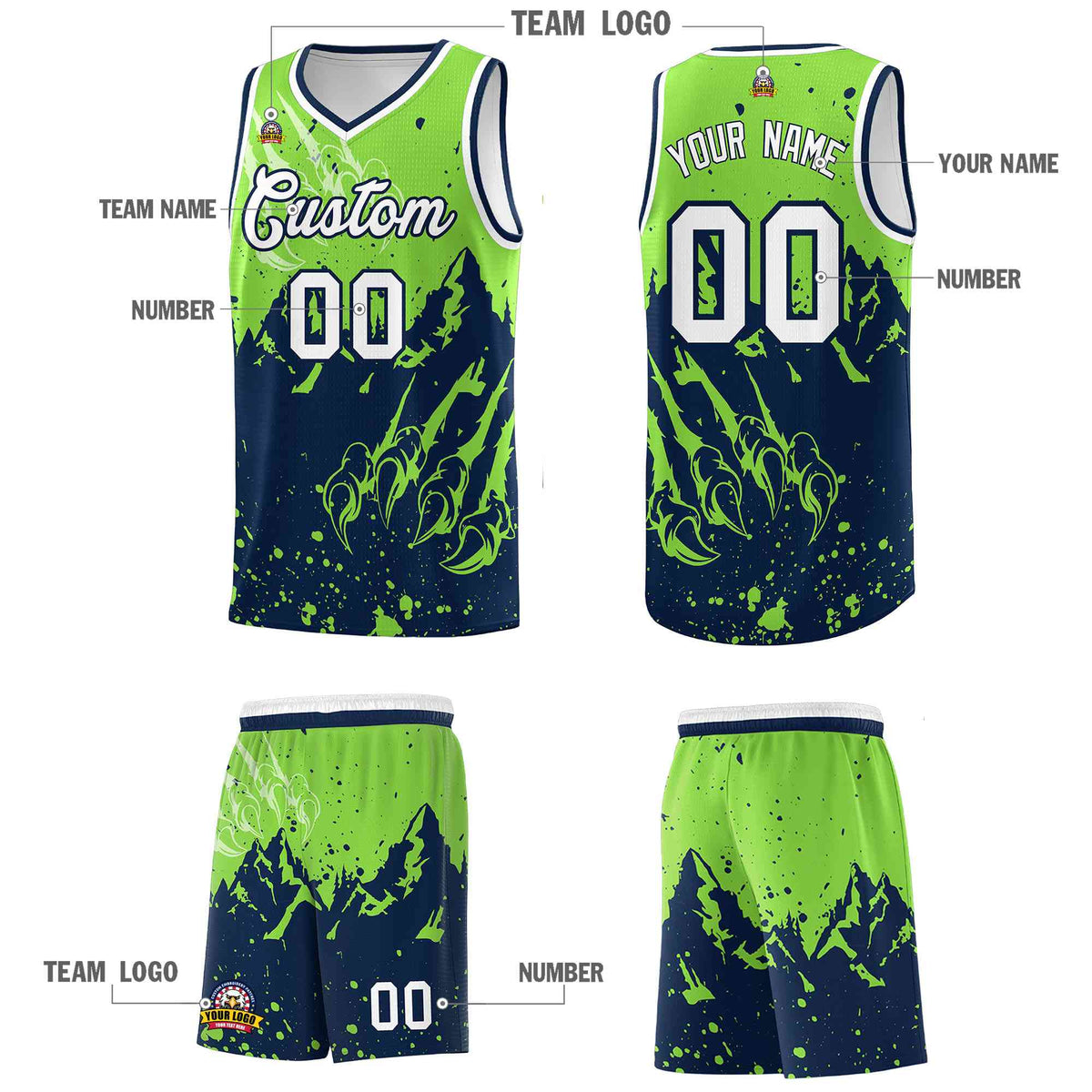 Custom Fluorescent Green Navy Snow Mountain Beast Pattern Sports Uniform Basketball Jersey| KXKSHOP