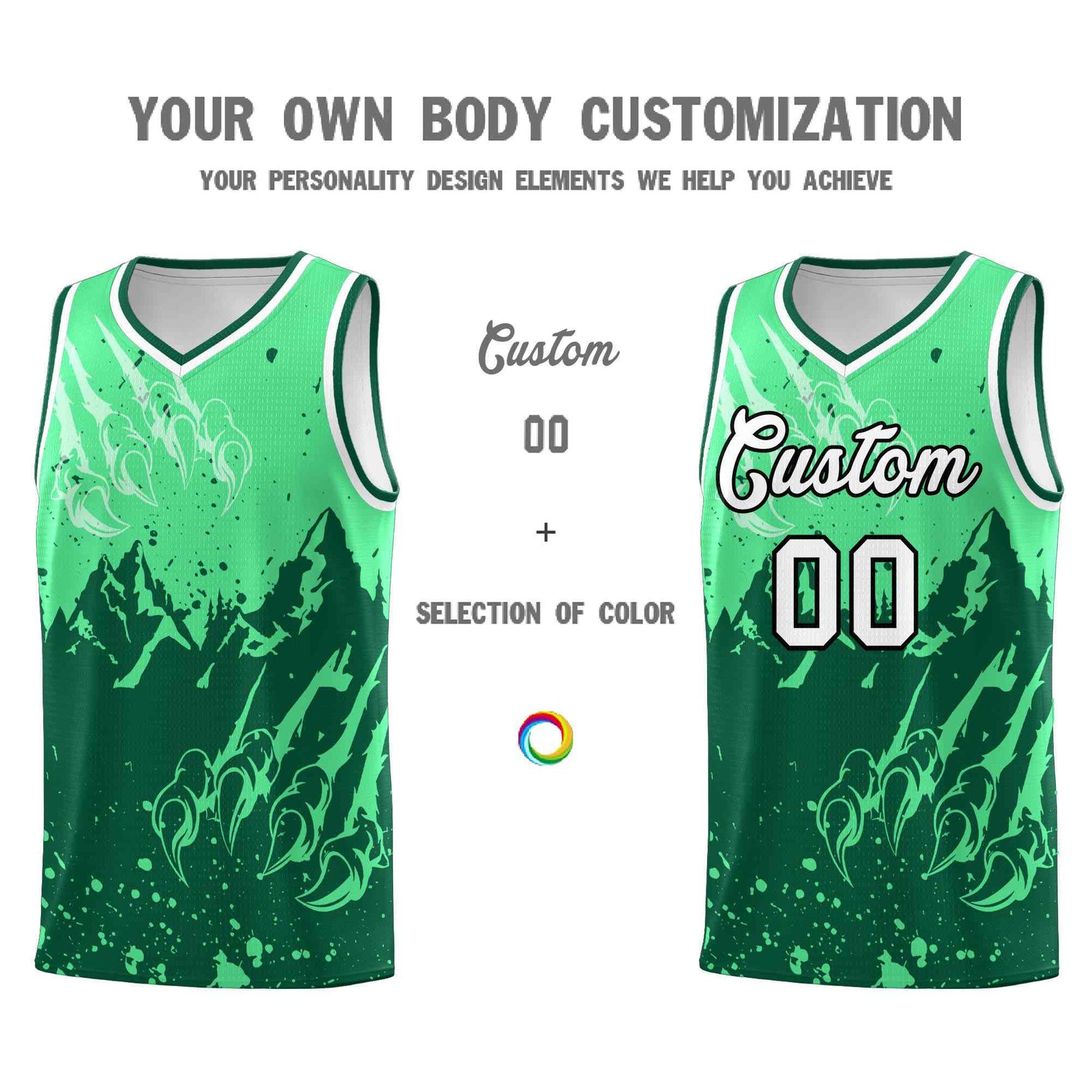 Custom Green Kelly Green Snow Mountain Beast Pattern Sports Uniform Basketball Jersey| KXKSHOP