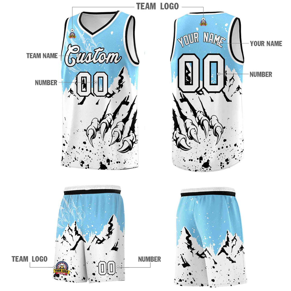 Custom Light Blue White Snow Mountain Beast Pattern Sports Uniform Basketball Jersey| KXKSHOP