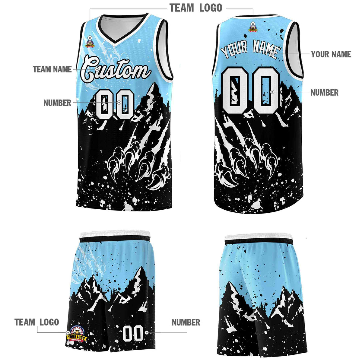 Custom Light Blue Black Snow Mountain Beast Pattern Sports Uniform Basketball Jersey| KXKSHOP