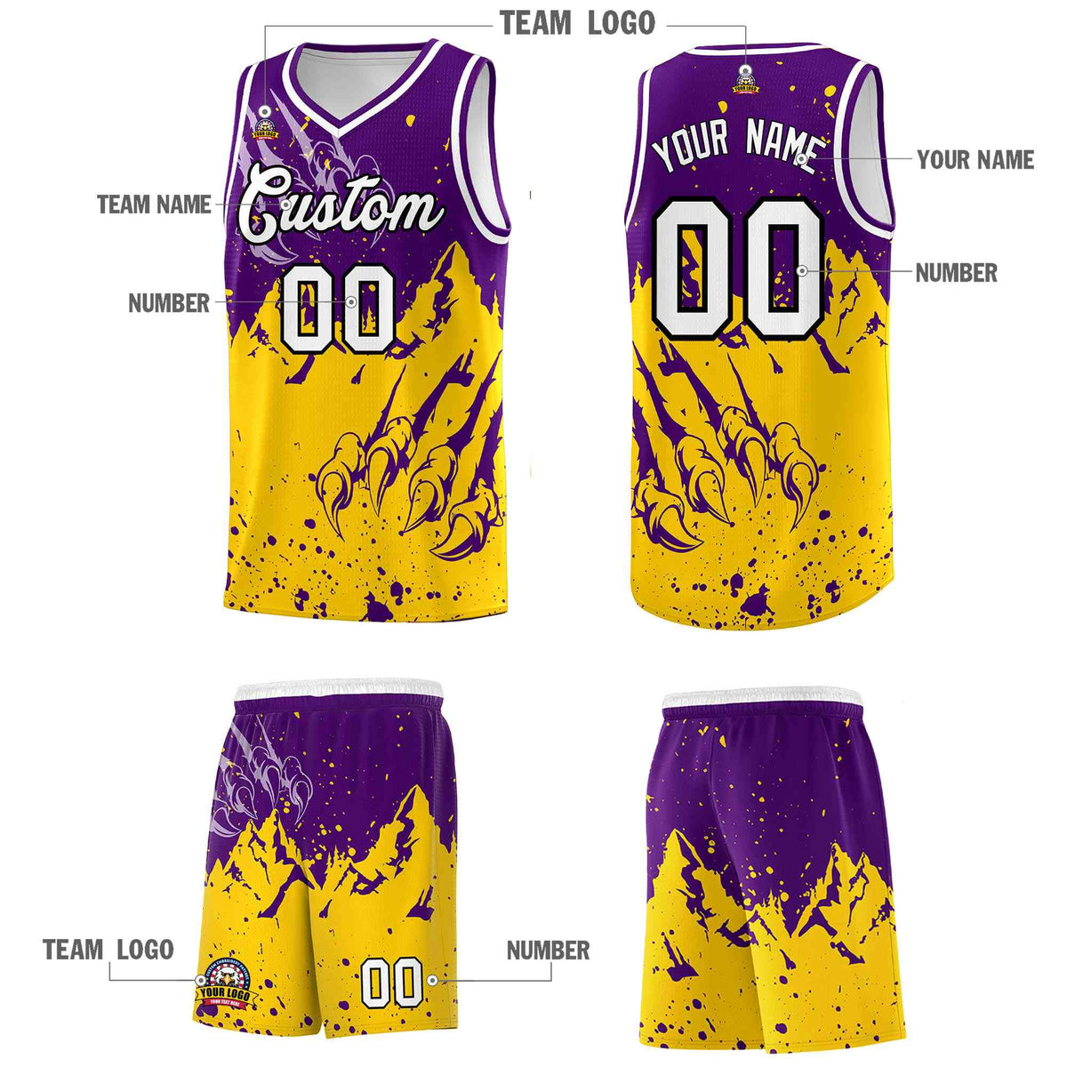 Custom Purple Gold Snow Mountain Beast Pattern Sports Uniform Basketball Jersey| KXKSHOP