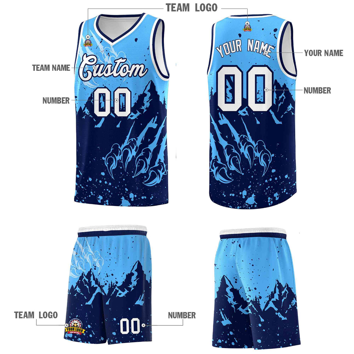 Custom Powder Blue Navy Snow Mountain Beast Pattern Sports Uniform Basketball Jersey| KXKSHOP