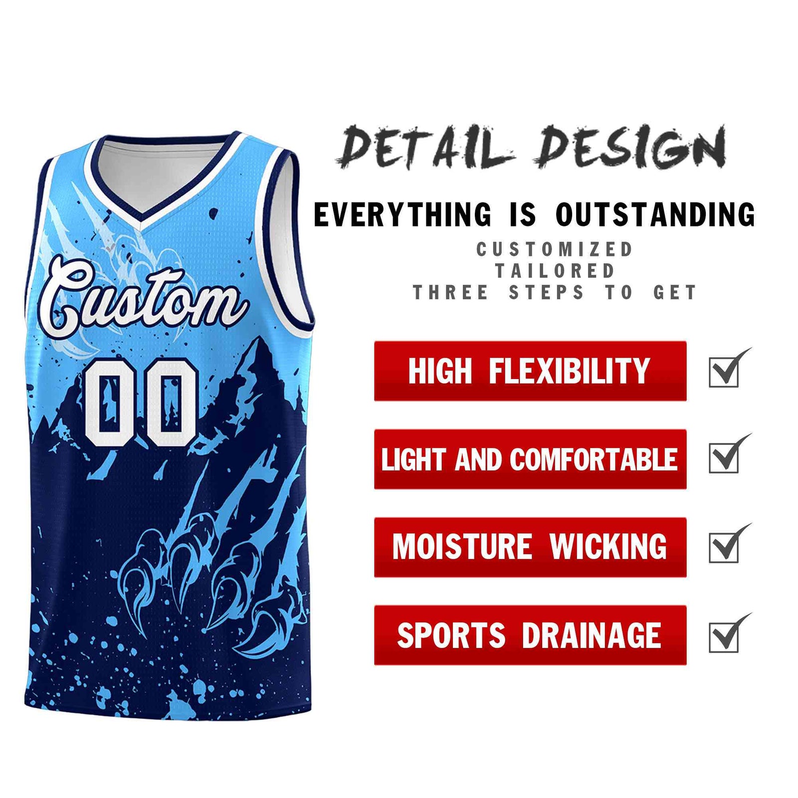 Custom Powder Blue Navy Snow Mountain Beast Pattern Sports Uniform Basketball Jersey| KXKSHOP