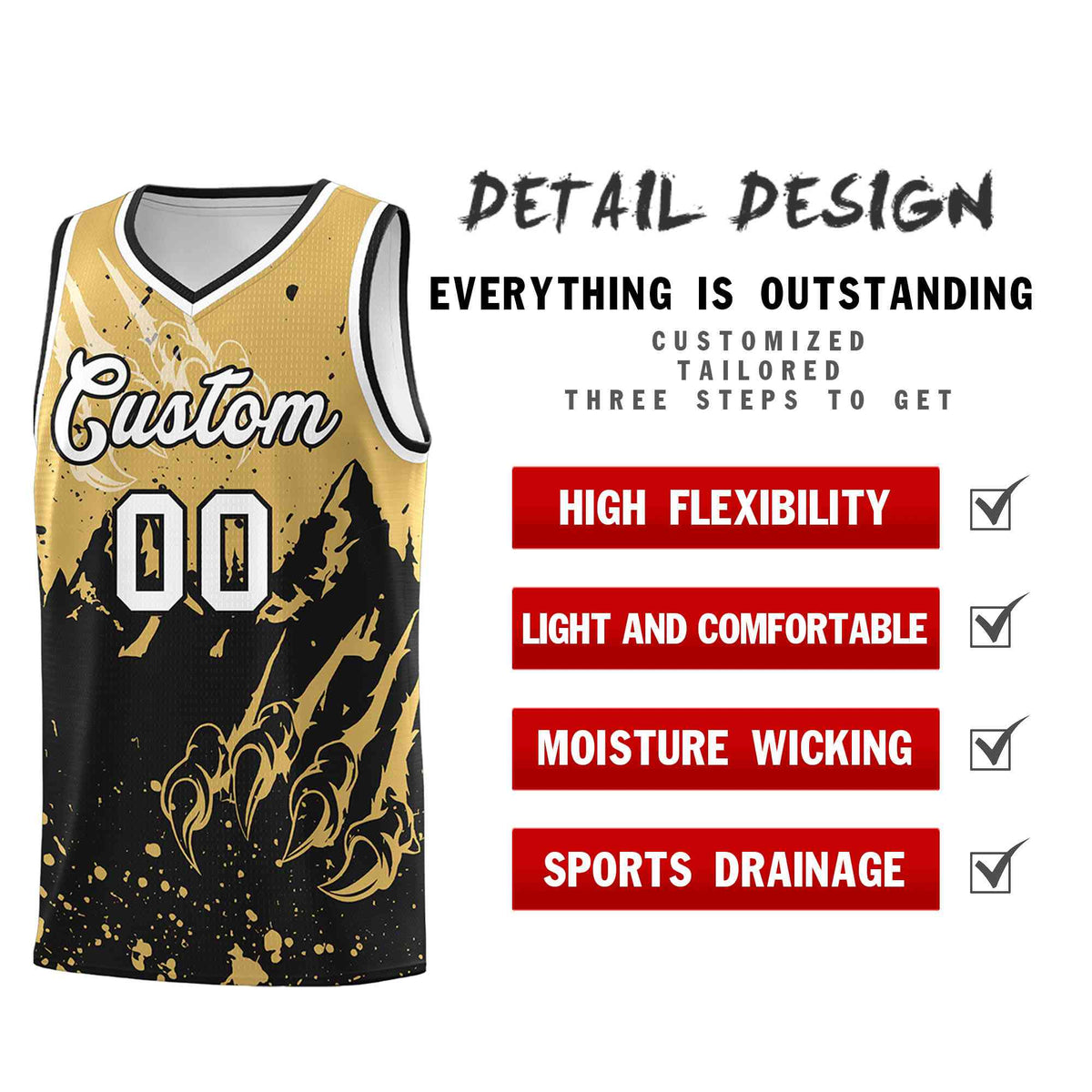 Custom Old Gold Black Snow Mountain Beast Pattern Sports Uniform Basketball Jersey| KXKSHOP