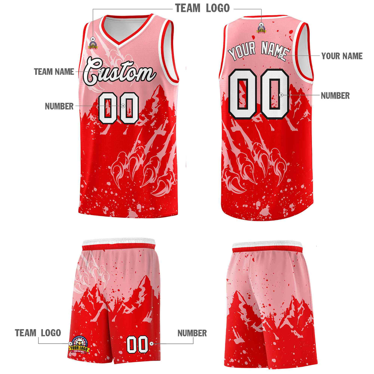 Custom Light Pink Light Red Snow Mountain Beast Pattern Sports Uniform Basketball Jersey| KXKSHOP