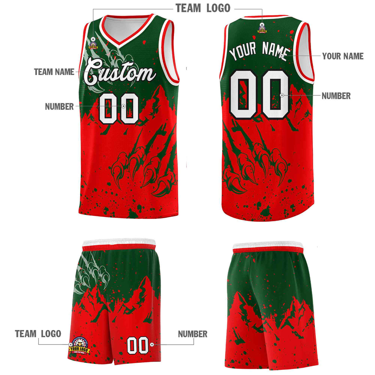 Custom Green Light Red Snow Mountain Beast Pattern Sports Uniform Basketball Jersey| KXKSHOP