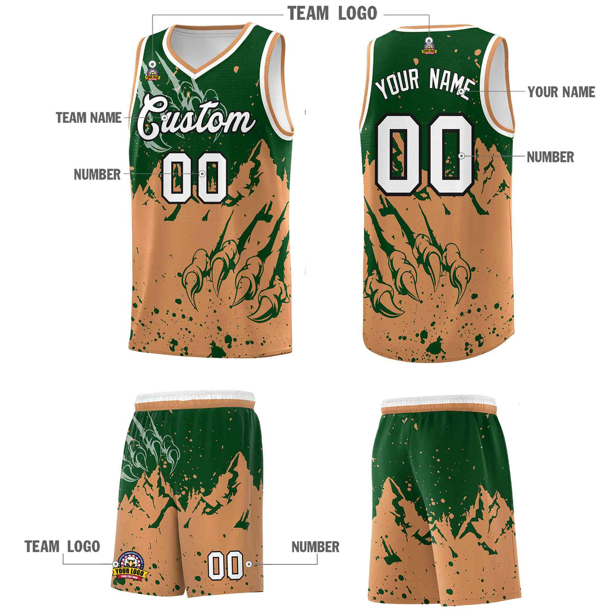Custom Green Buckskin Brown Snow Mountain Beast Pattern Sports Uniform Basketball Jersey| KXKSHOP