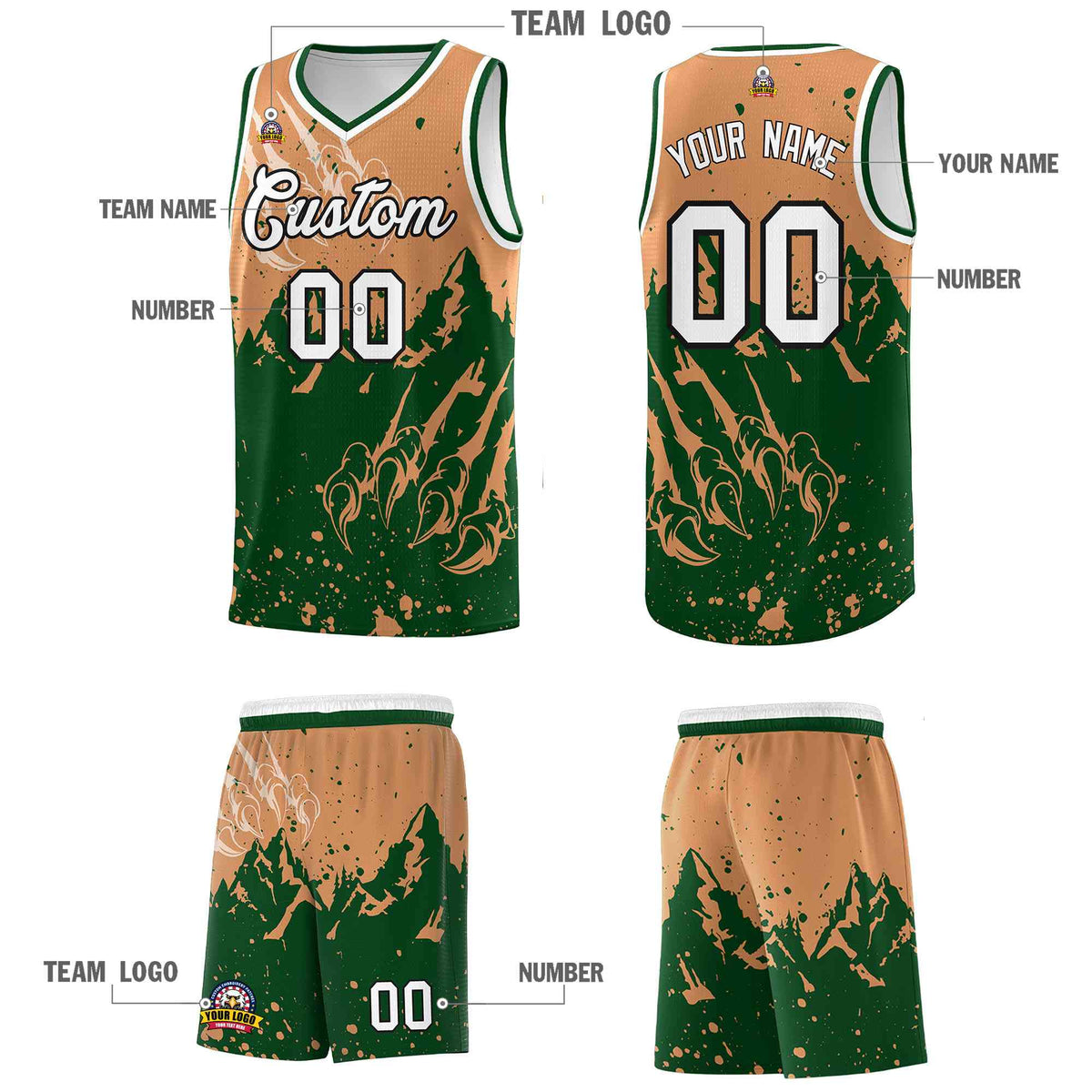 Custom Buckskin Brown Green Snow Mountain Beast Pattern Sports Uniform Basketball Jersey| KXKSHOP