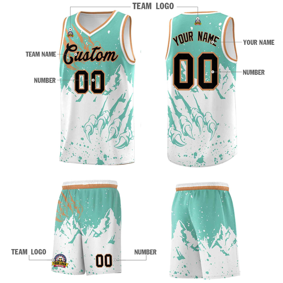 Custom Bright Green White Snow Mountain Beast Pattern Sports Uniform Basketball Jersey| KXKSHOP