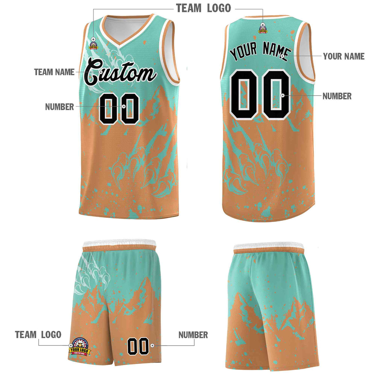 Custom Bright Green Buckskin Brown Snow Mountain Beast Pattern Sports Uniform Basketball Jersey| KXKSHOP