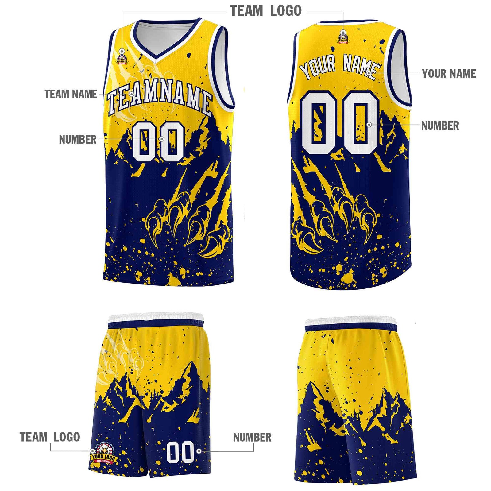 Custom Gold Navy Snow Mountain Beast Pattern Sports Uniform Basketball Jersey