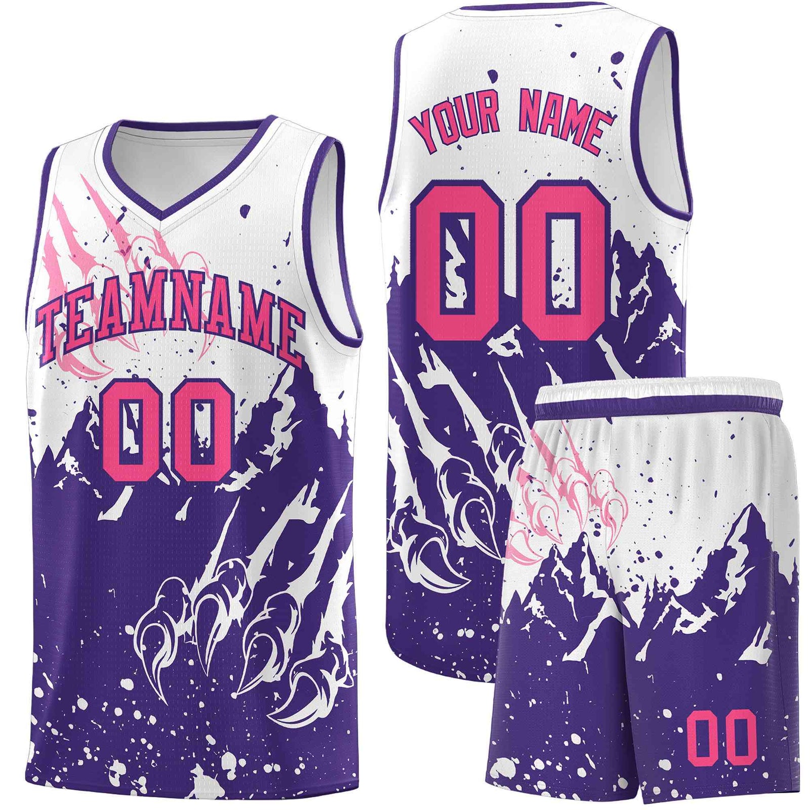 Custom White Purple Snow Mountain Beast Pattern Sports Uniform Basketball Jersey