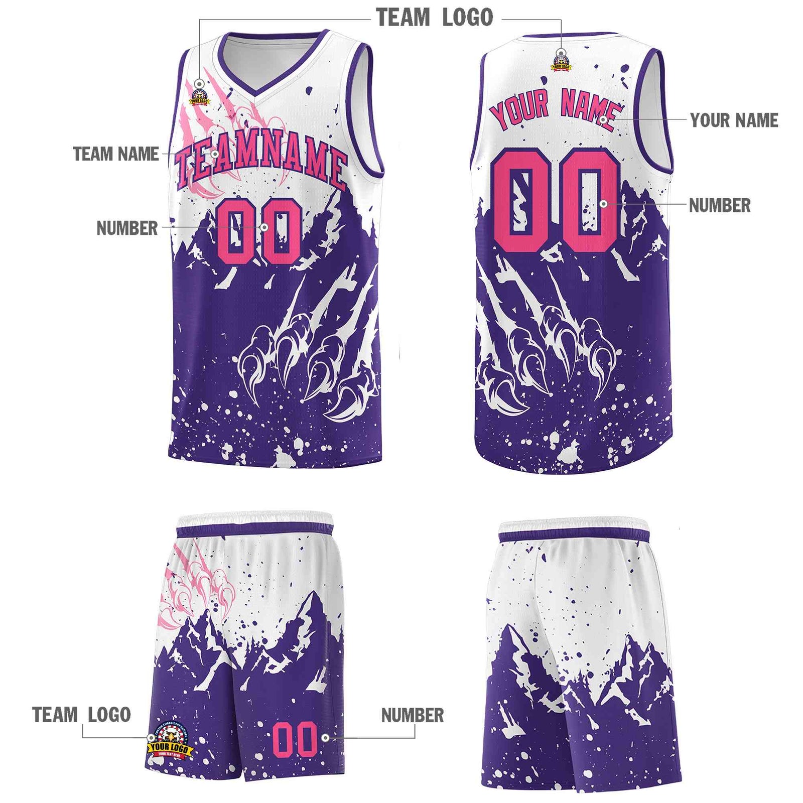 Custom White Purple Snow Mountain Beast Pattern Sports Uniform Basketball Jersey