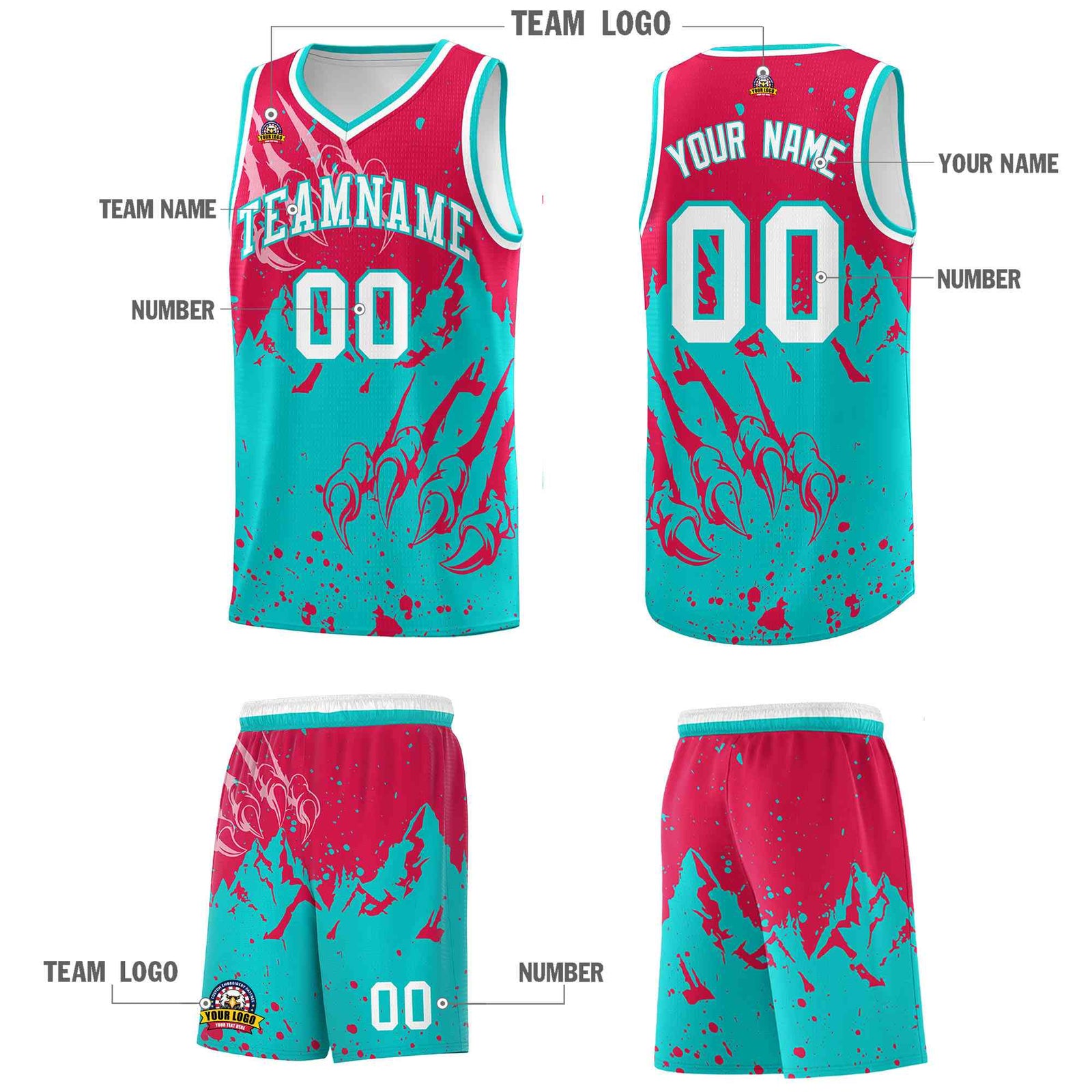 Custom Red Aqua Snow Mountain Beast Pattern Sports Uniform Basketball Jersey