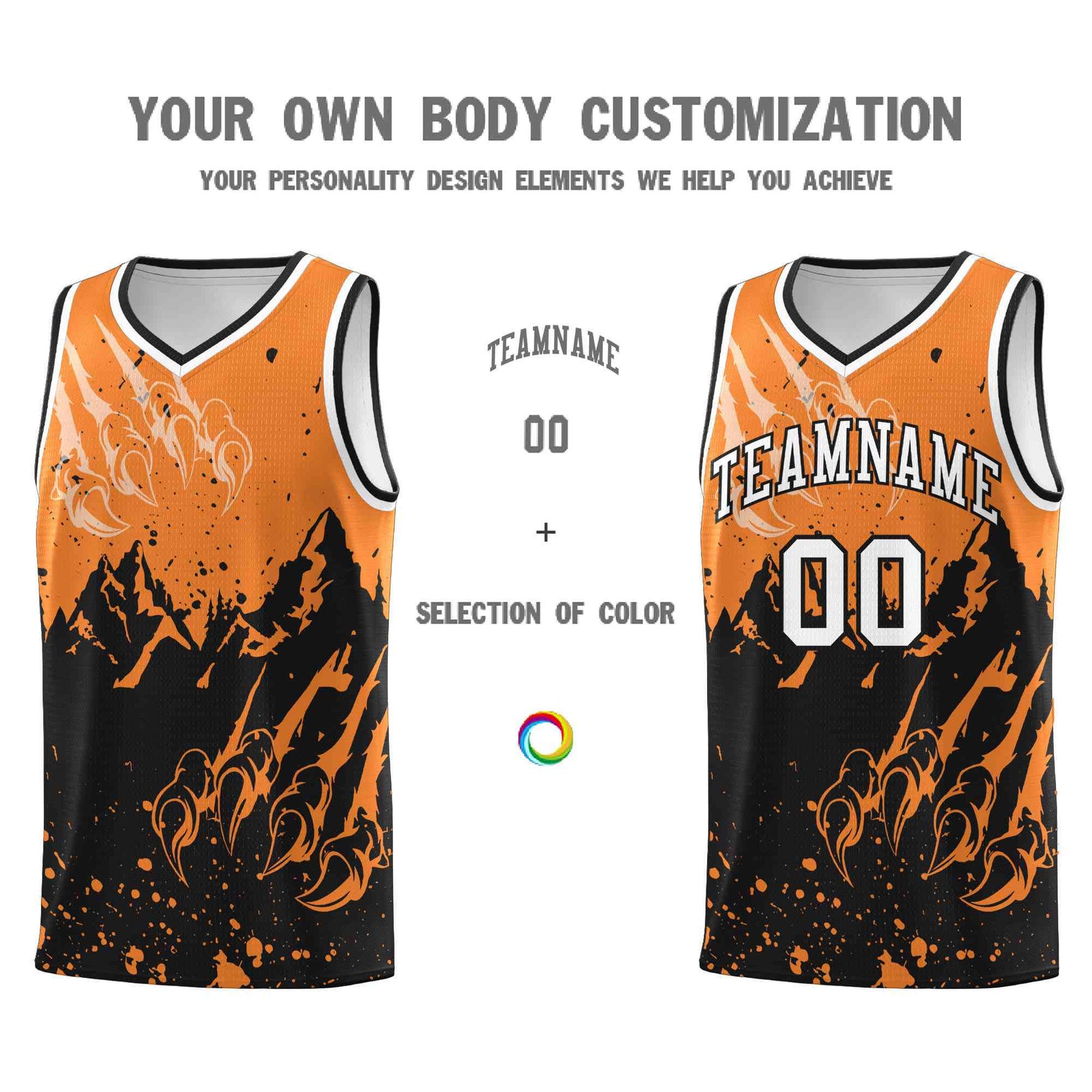 Custom Gold Orange Black Snow Mountain Beast Pattern Sports Uniform Basketball Jersey