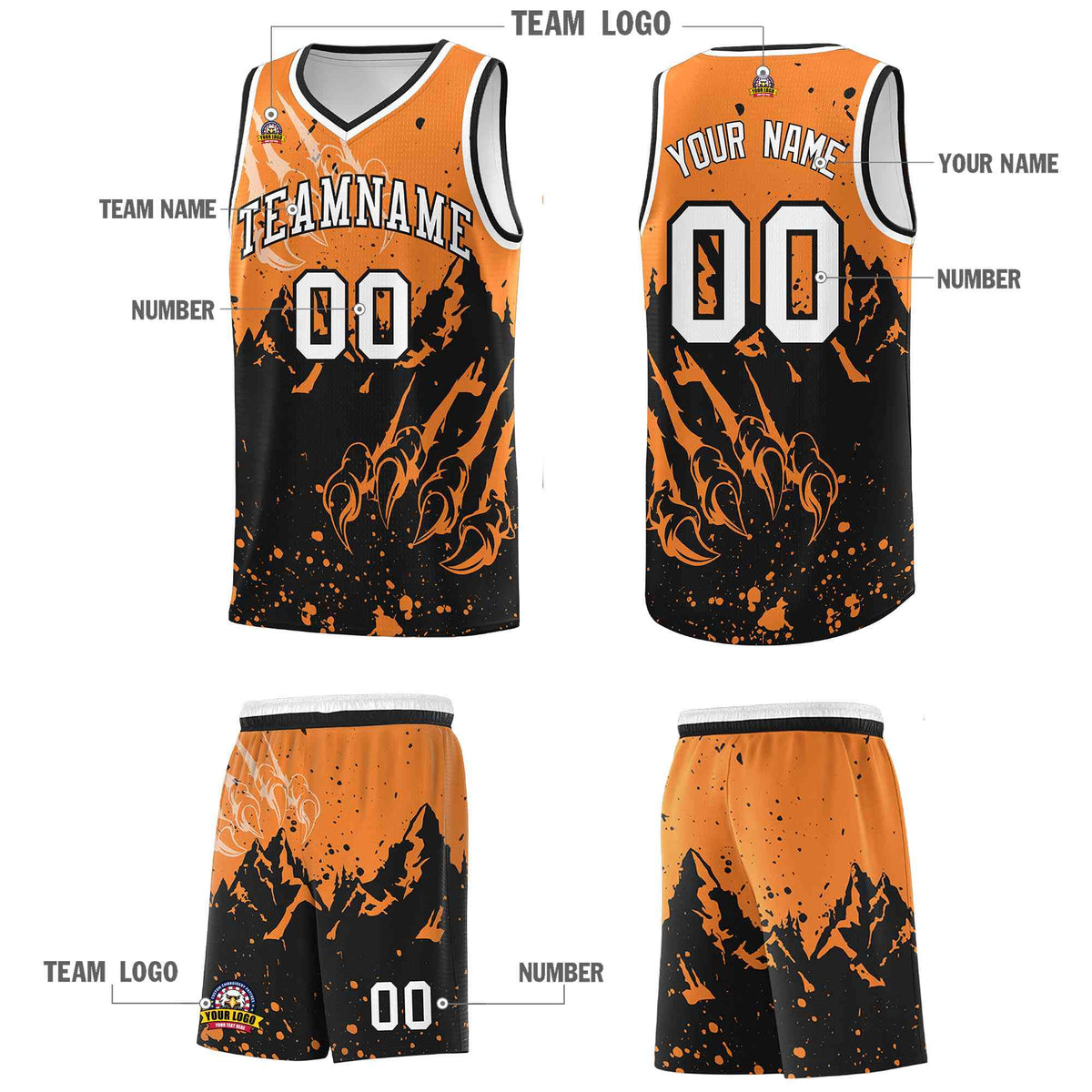 Custom Gold Orange Black Snow Mountain Beast Pattern Sports Uniform Basketball Jersey