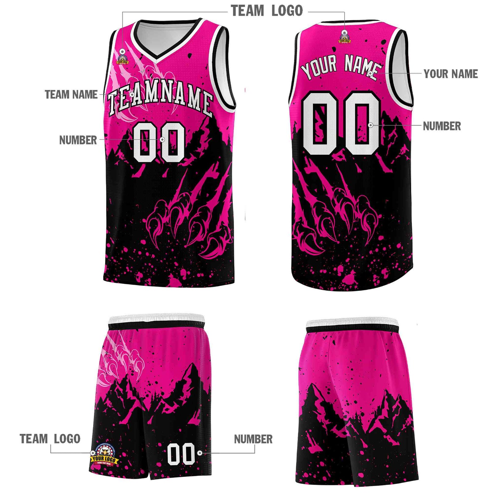 Custom Pink Black Snow Mountain Beast Pattern Sports Uniform Basketball Jersey